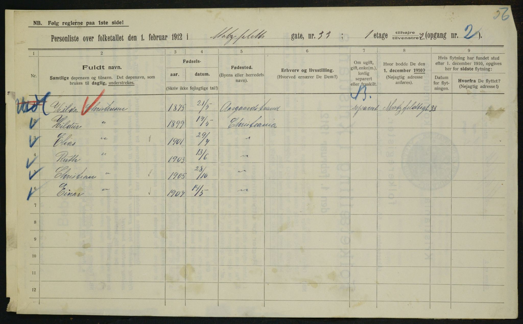 OBA, Municipal Census 1912 for Kristiania, 1912, p. 67125