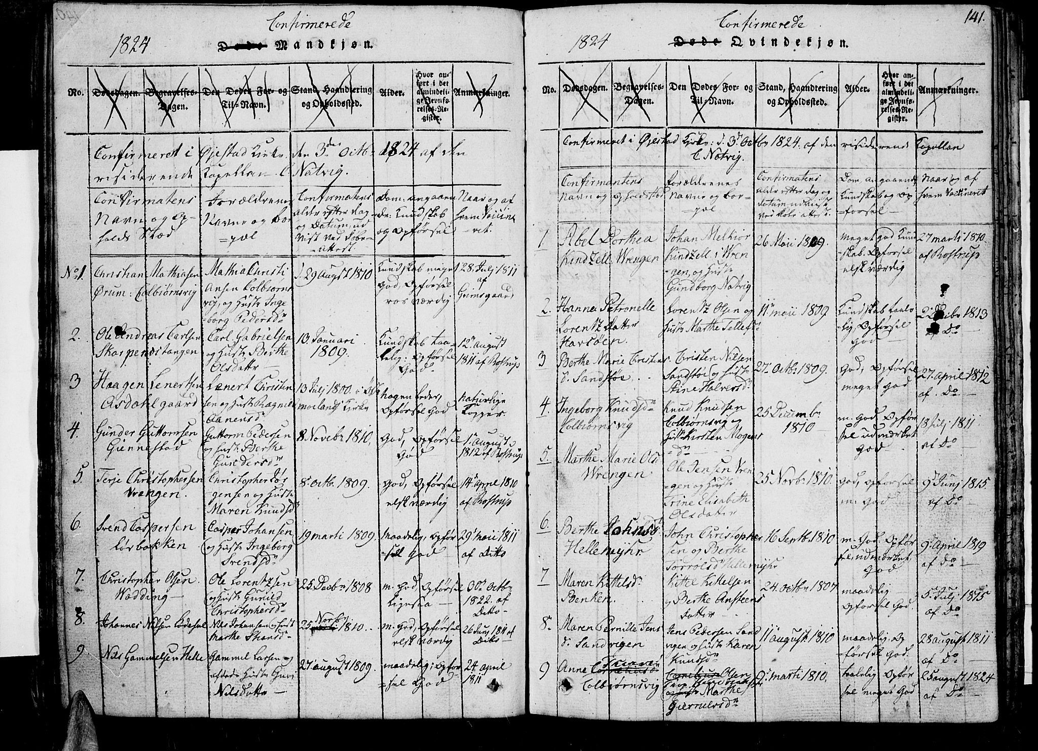 Øyestad sokneprestkontor, SAK/1111-0049/F/Fb/L0003: Parish register (copy) no. B 3, 1816-1827, p. 141