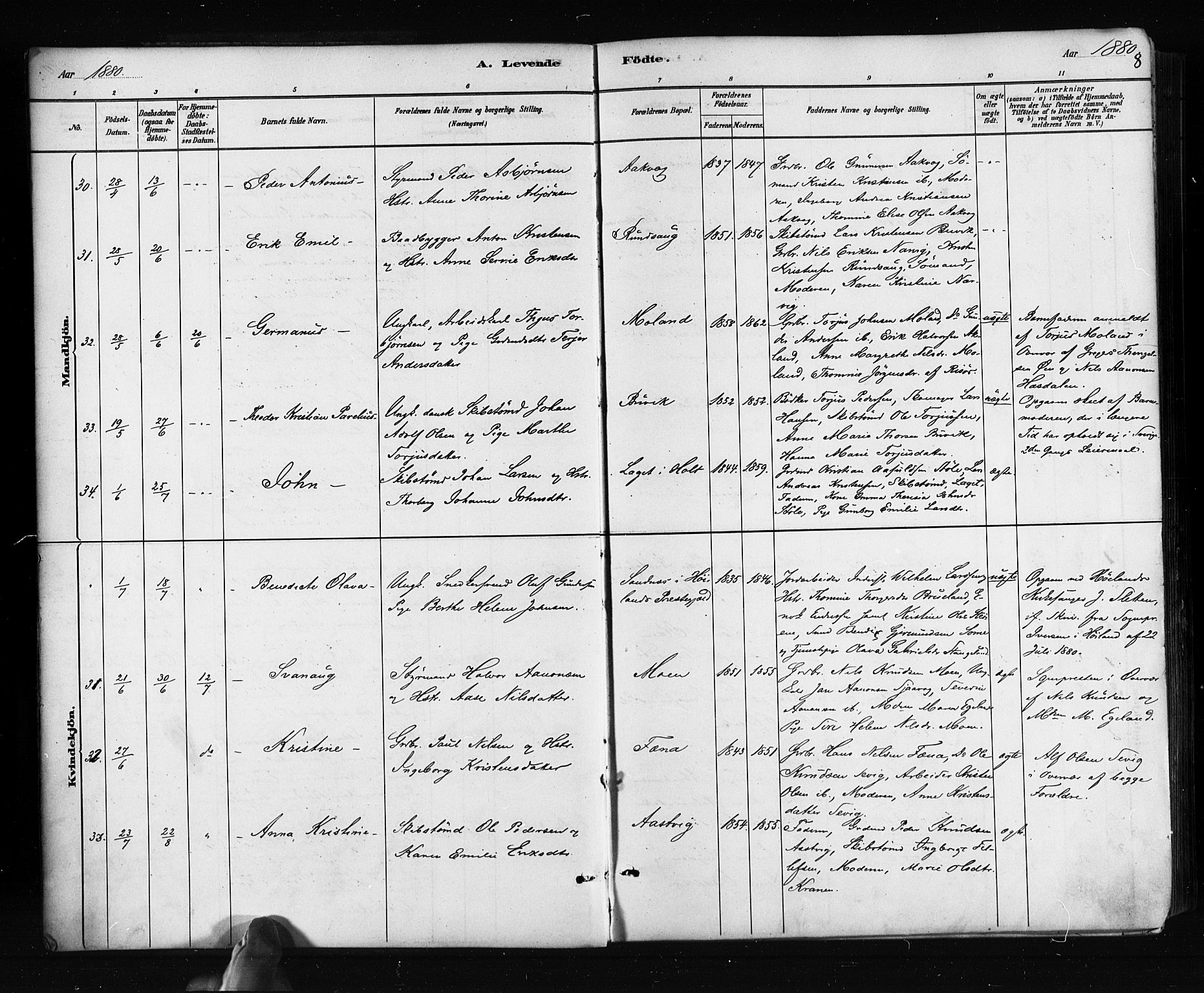 Søndeled sokneprestkontor, SAK/1111-0038/F/Fa/L0004: Parish register (official) no. A 4, 1880-1889, p. 8