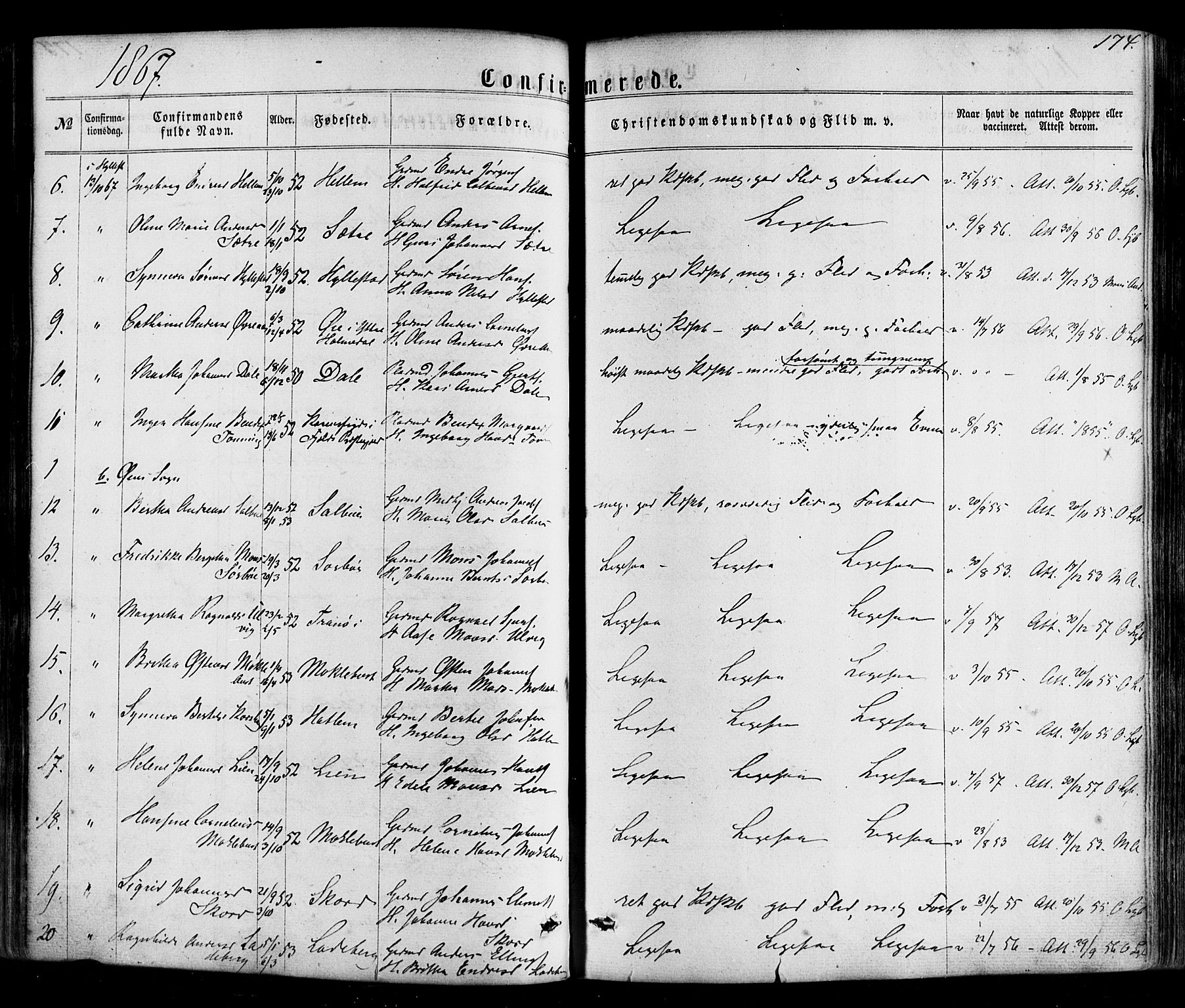 Hyllestad sokneprestembete, SAB/A-80401: Parish register (official) no. A 1, 1861-1886, p. 174