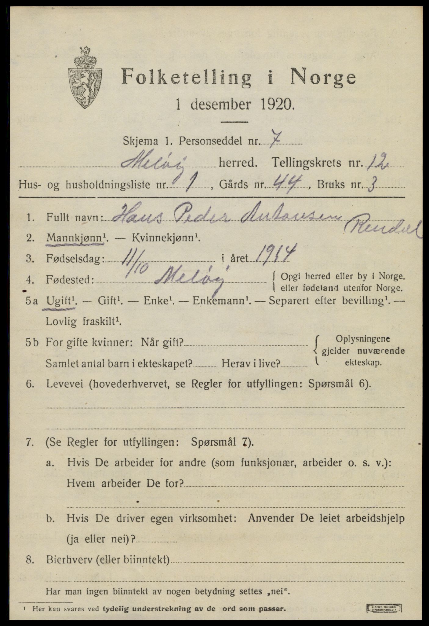 SAT, 1920 census for Meløy, 1920, p. 7613