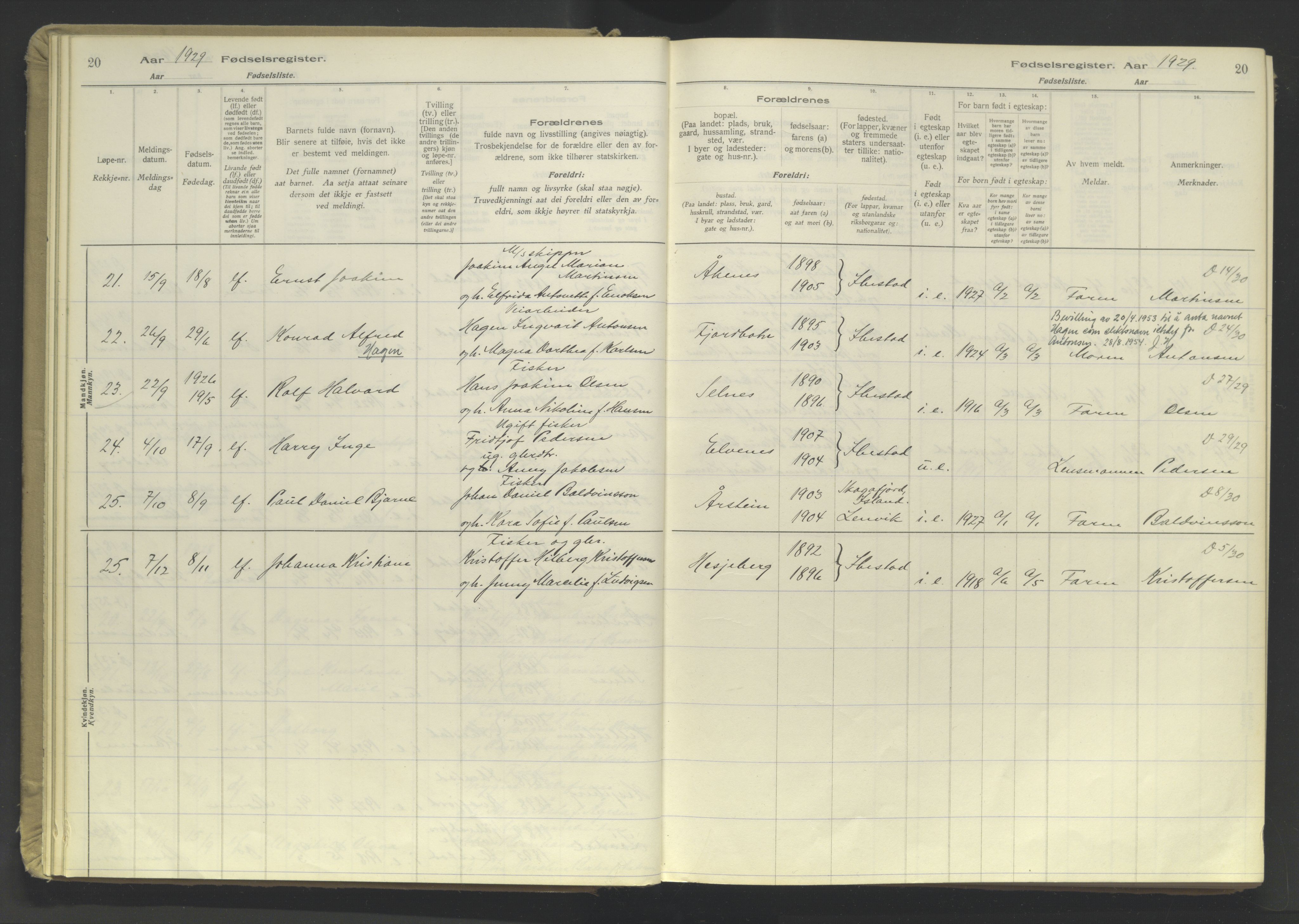 Ibestad sokneprestembete, AV/SATØ-S-0077/I/Ic/L0064: Birth register no. 64, 1926-1961, p. 20