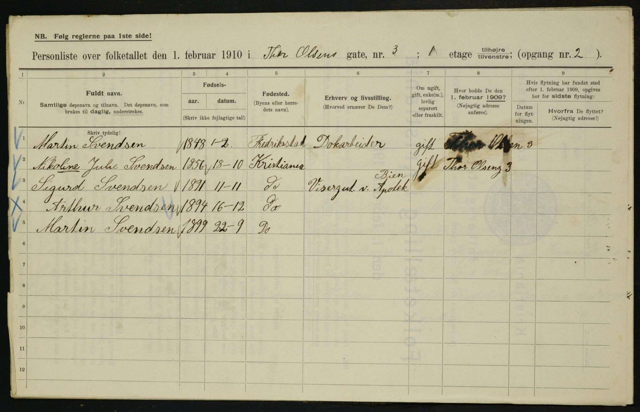 OBA, Municipal Census 1910 for Kristiania, 1910, p. 103726