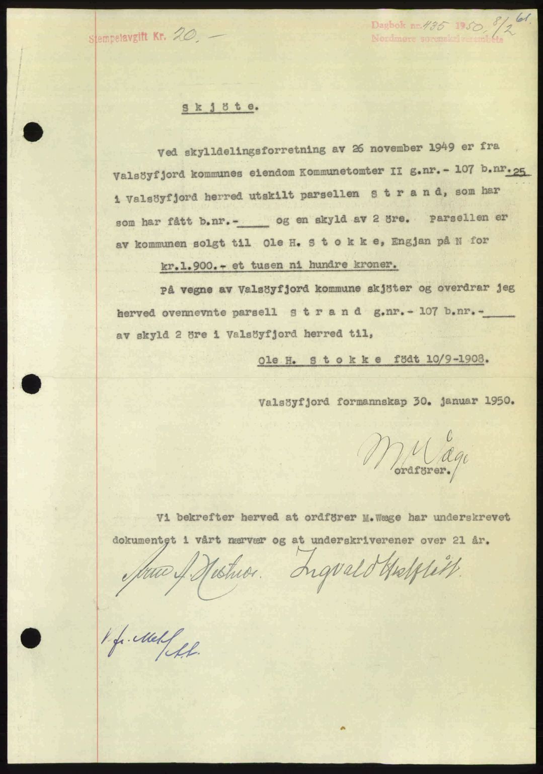 Nordmøre sorenskriveri, AV/SAT-A-4132/1/2/2Ca: Mortgage book no. A114, 1950-1950, Diary no: : 435/1950