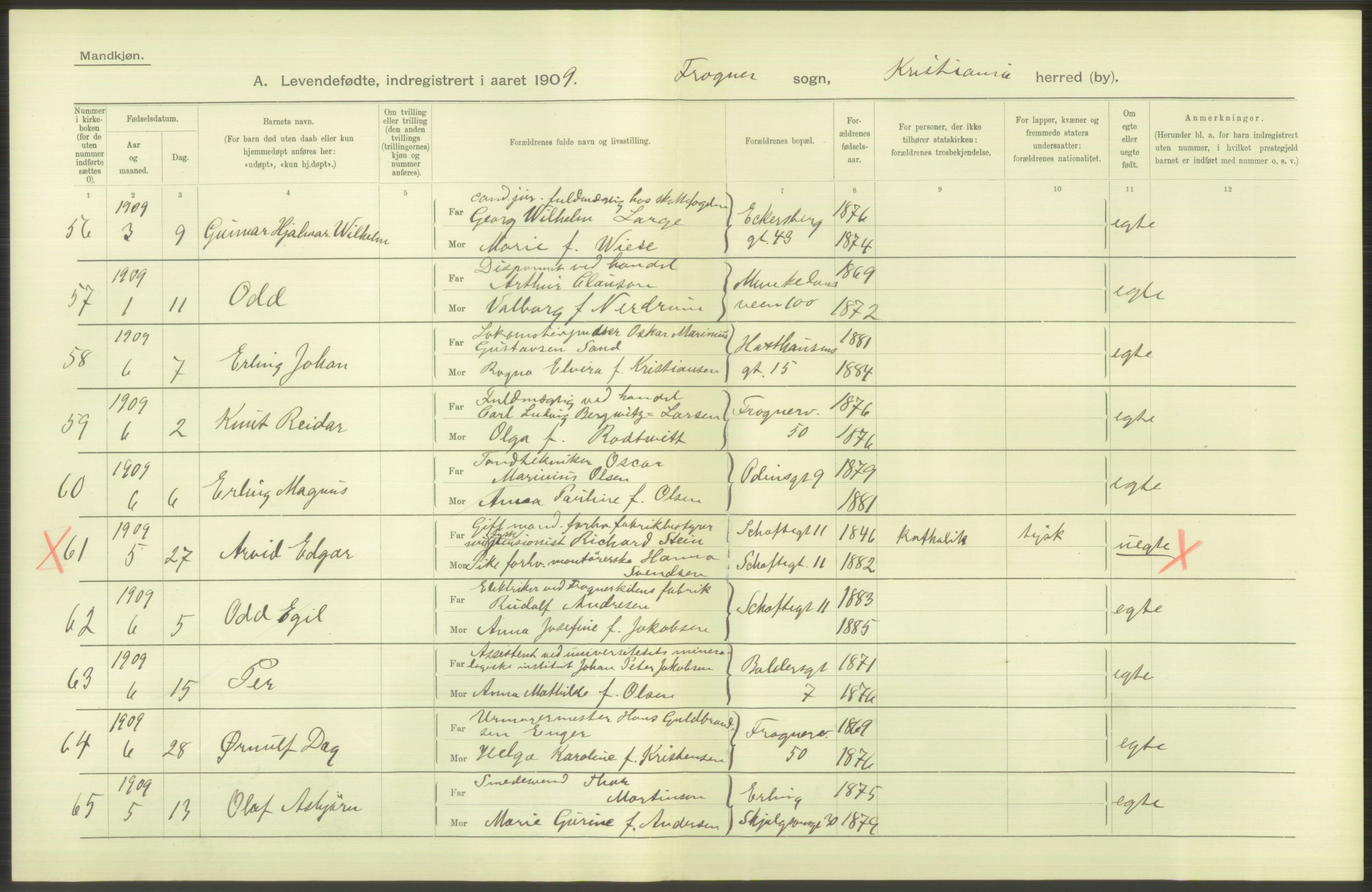 Statistisk sentralbyrå, Sosiodemografiske emner, Befolkning, RA/S-2228/D/Df/Dfa/Dfag/L0007: Kristiania: Levendefødte menn og kvinner., 1909, p. 338