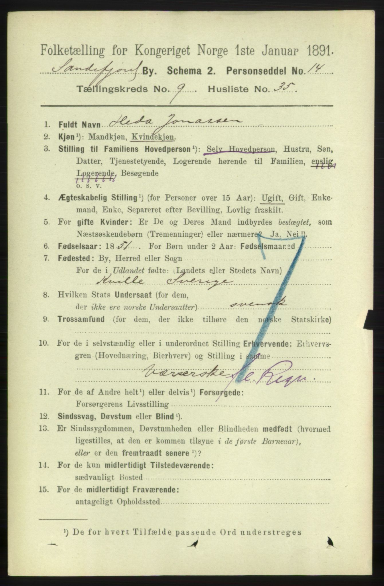 RA, 1891 census for 0706 Sandefjord, 1891, p. 3744