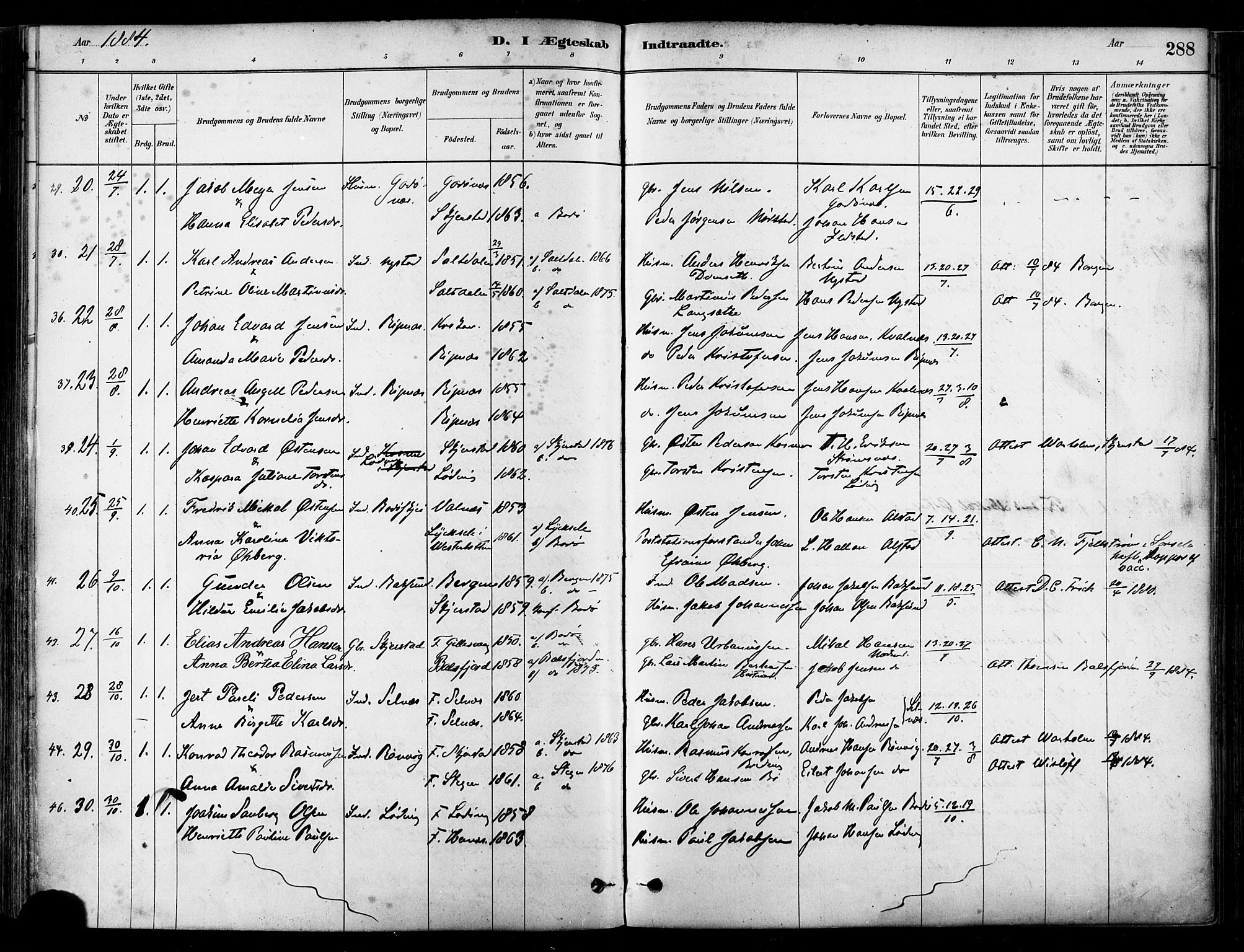 Ministerialprotokoller, klokkerbøker og fødselsregistre - Nordland, SAT/A-1459/802/L0054: Parish register (official) no. 802A01, 1879-1893, p. 288
