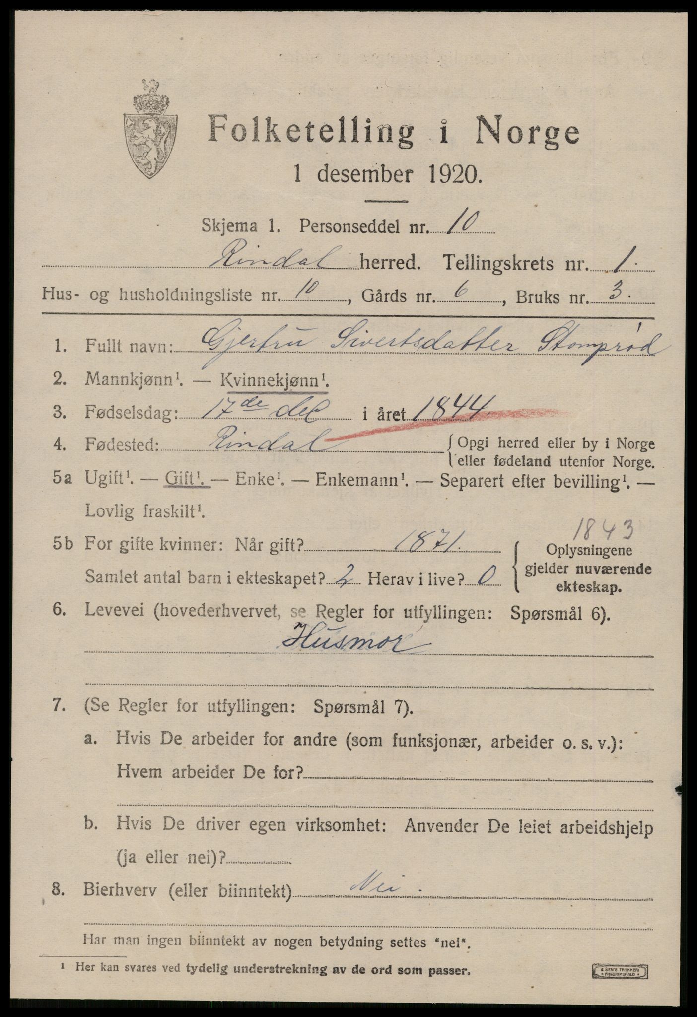 SAT, 1920 census for Rindal, 1920, p. 970