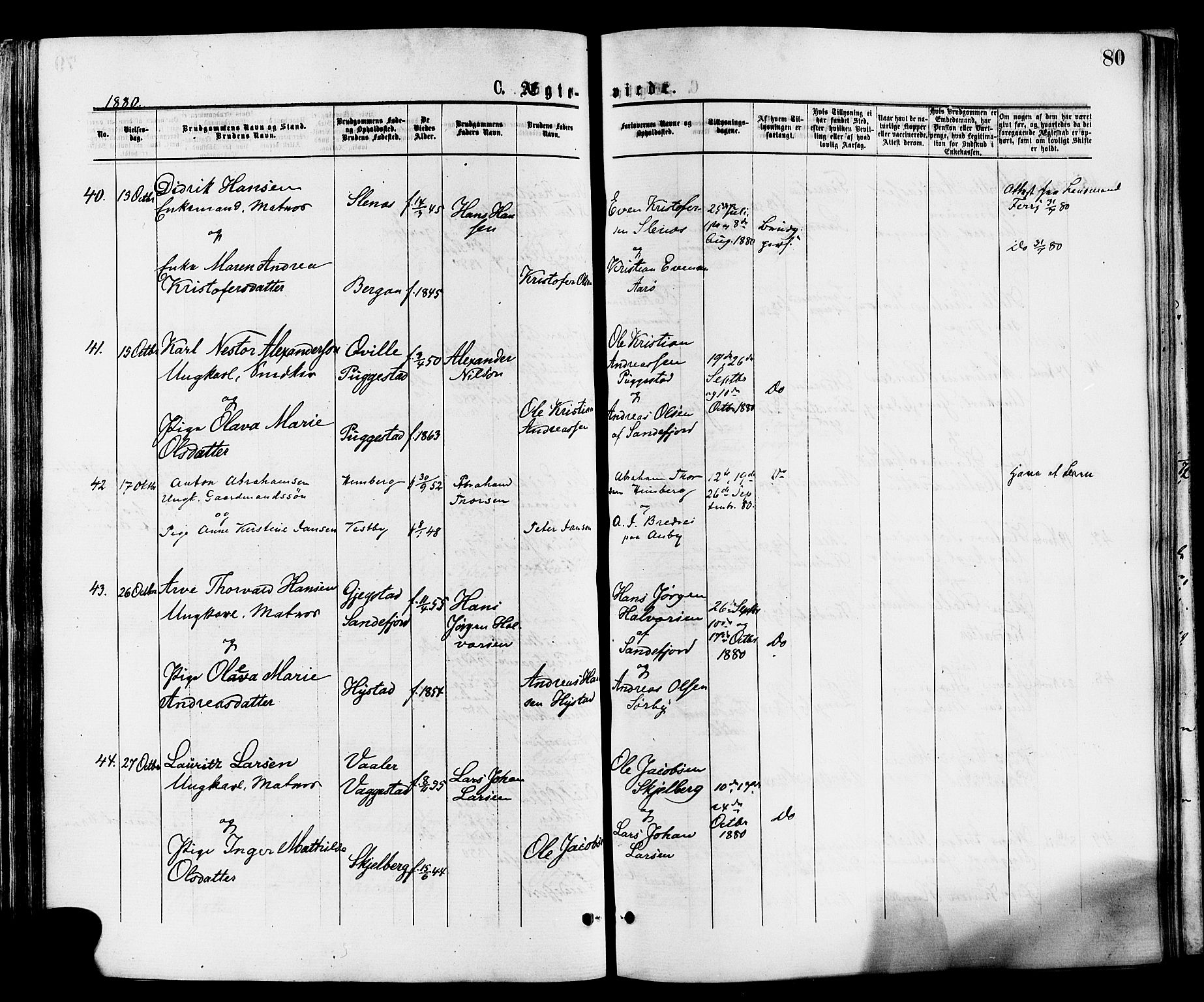 Sandar kirkebøker, SAKO/A-243/F/Fa/L0011: Parish register (official) no. 11, 1872-1882, p. 80