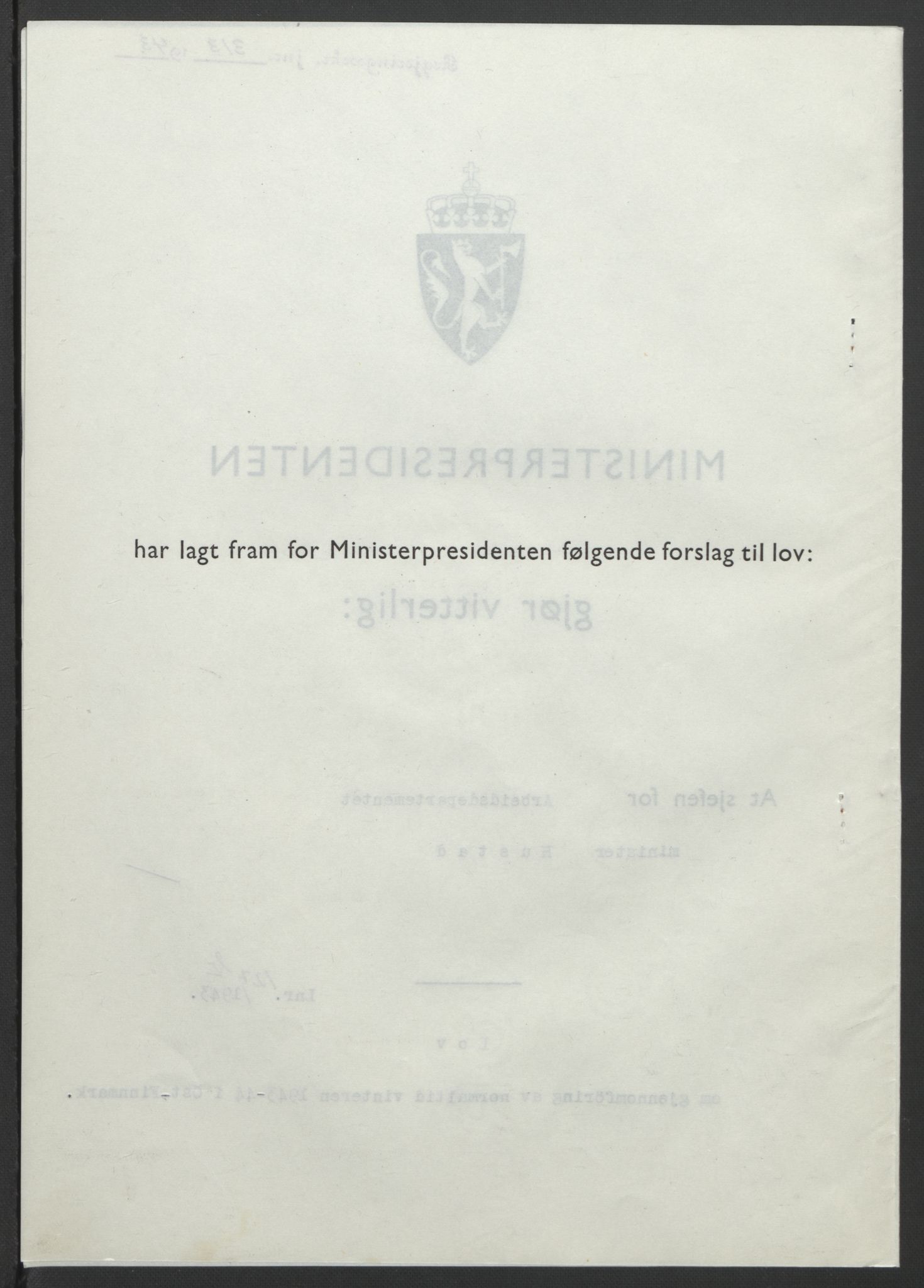 NS-administrasjonen 1940-1945 (Statsrådsekretariatet, de kommisariske statsråder mm), RA/S-4279/D/Db/L0099: Lover, 1943, p. 596