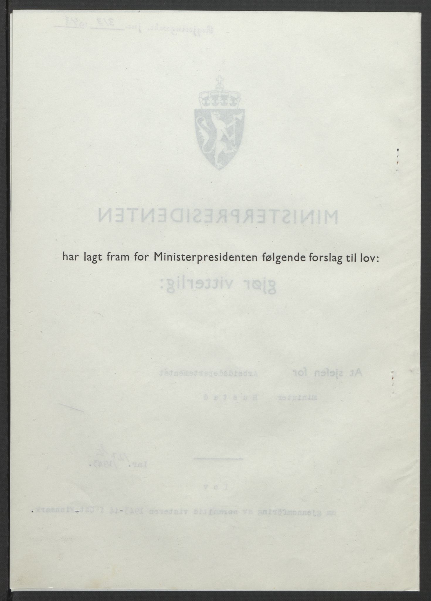 NS-administrasjonen 1940-1945 (Statsrådsekretariatet, de kommisariske statsråder mm), AV/RA-S-4279/D/Db/L0099: Lover, 1943, p. 596