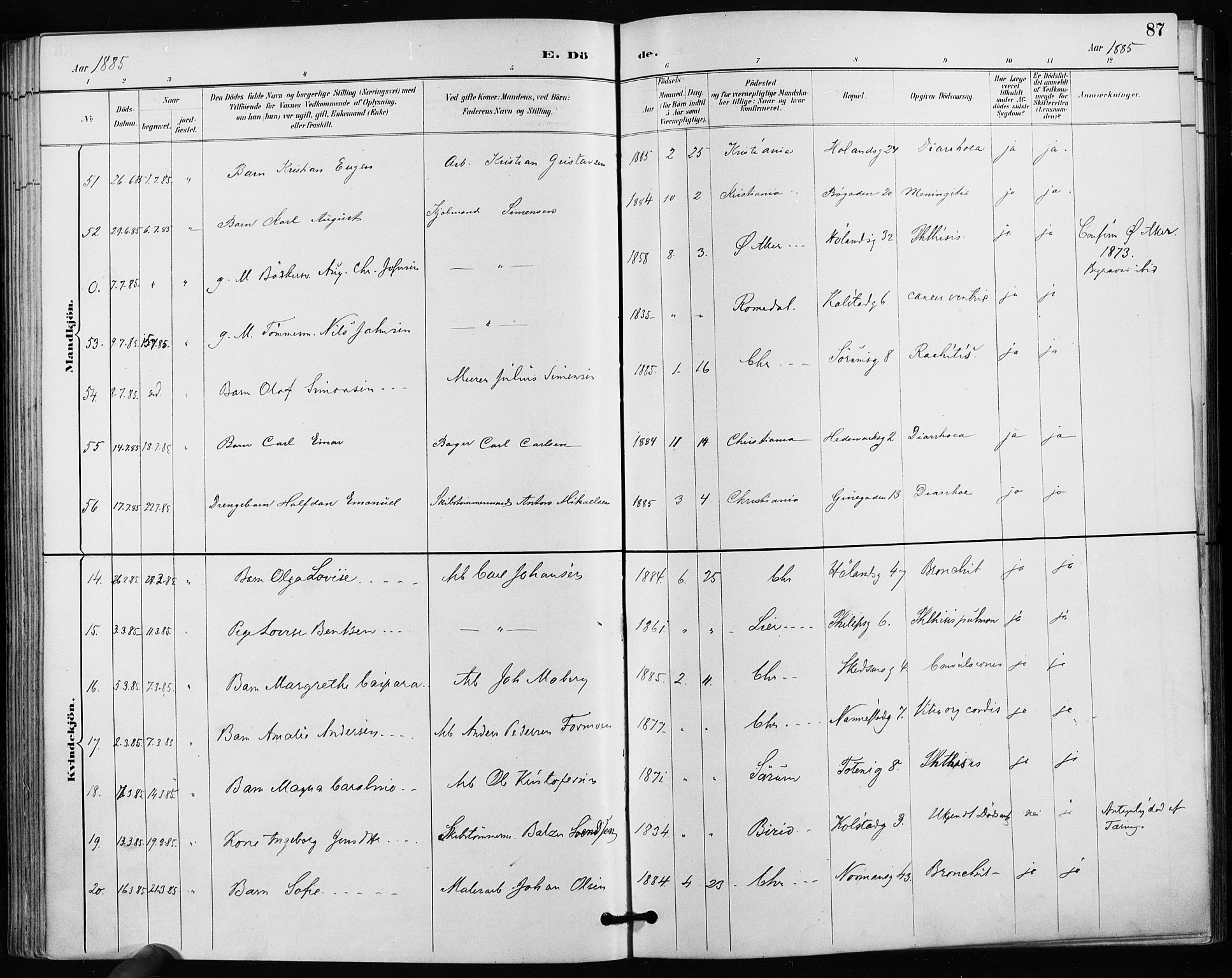 Kampen prestekontor Kirkebøker, SAO/A-10853/F/Fa/L0004: Parish register (official) no. I 4, 1885-1892, p. 87