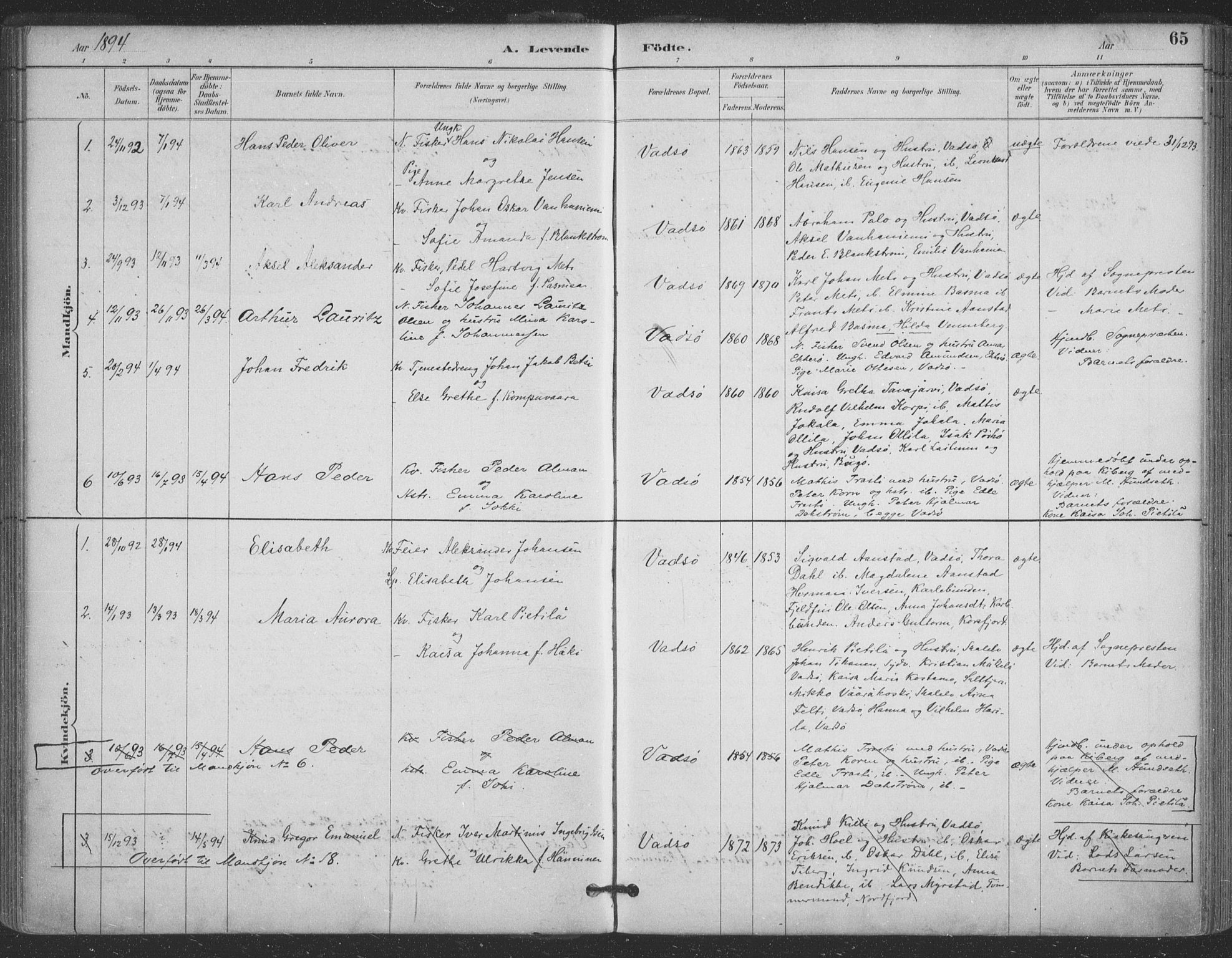 Vadsø sokneprestkontor, SATØ/S-1325/H/Ha/L0006kirke: Parish register (official) no. 6, 1885-1895, p. 65