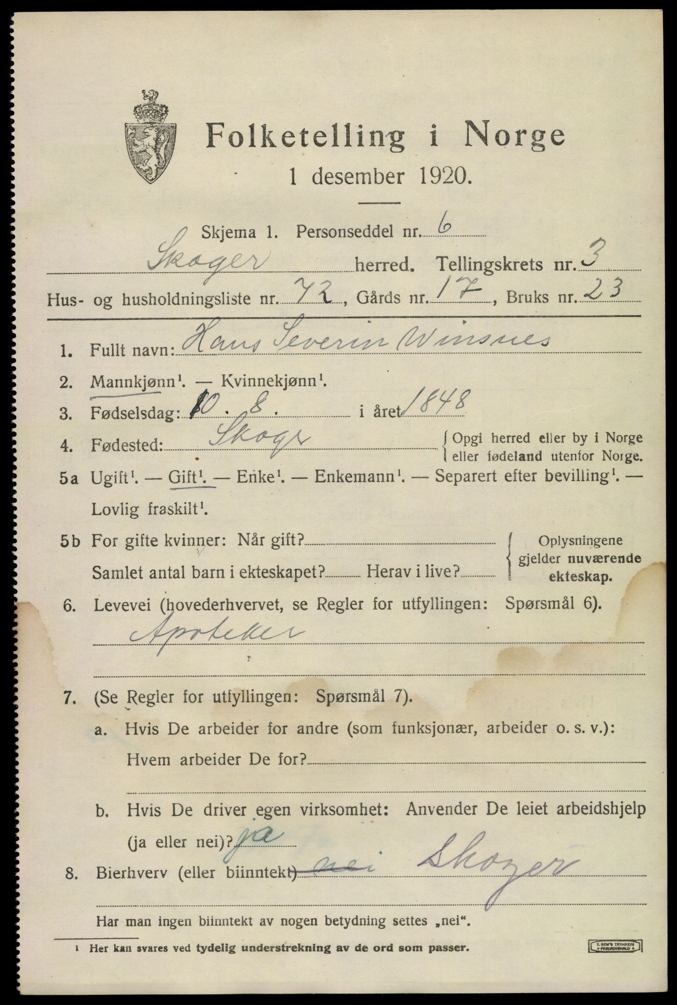 SAKO, 1920 census for Skoger, 1920, p. 8469