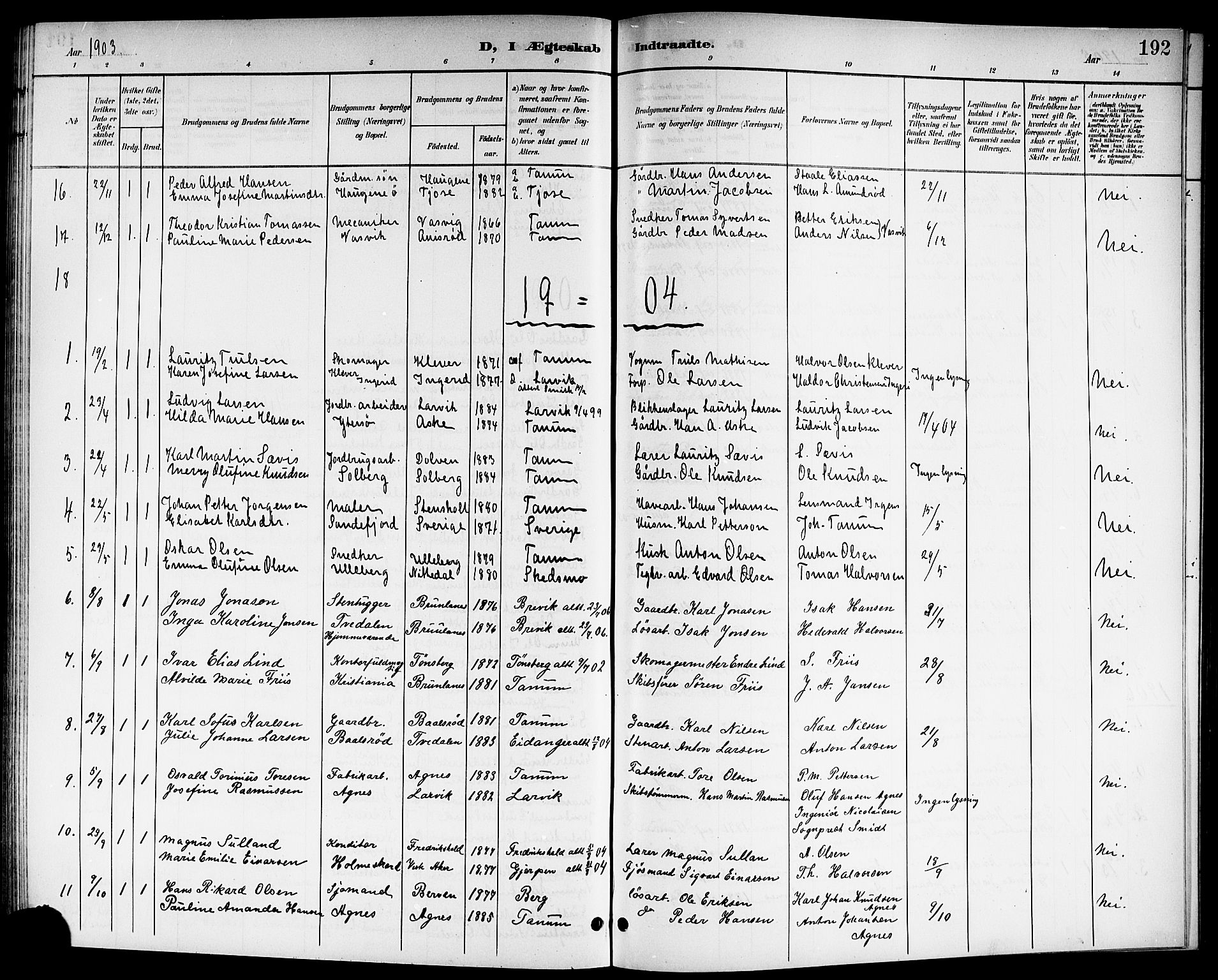 Brunlanes kirkebøker, SAKO/A-342/G/Ga/L0004: Parish register (copy) no. I 4, 1898-1921, p. 192