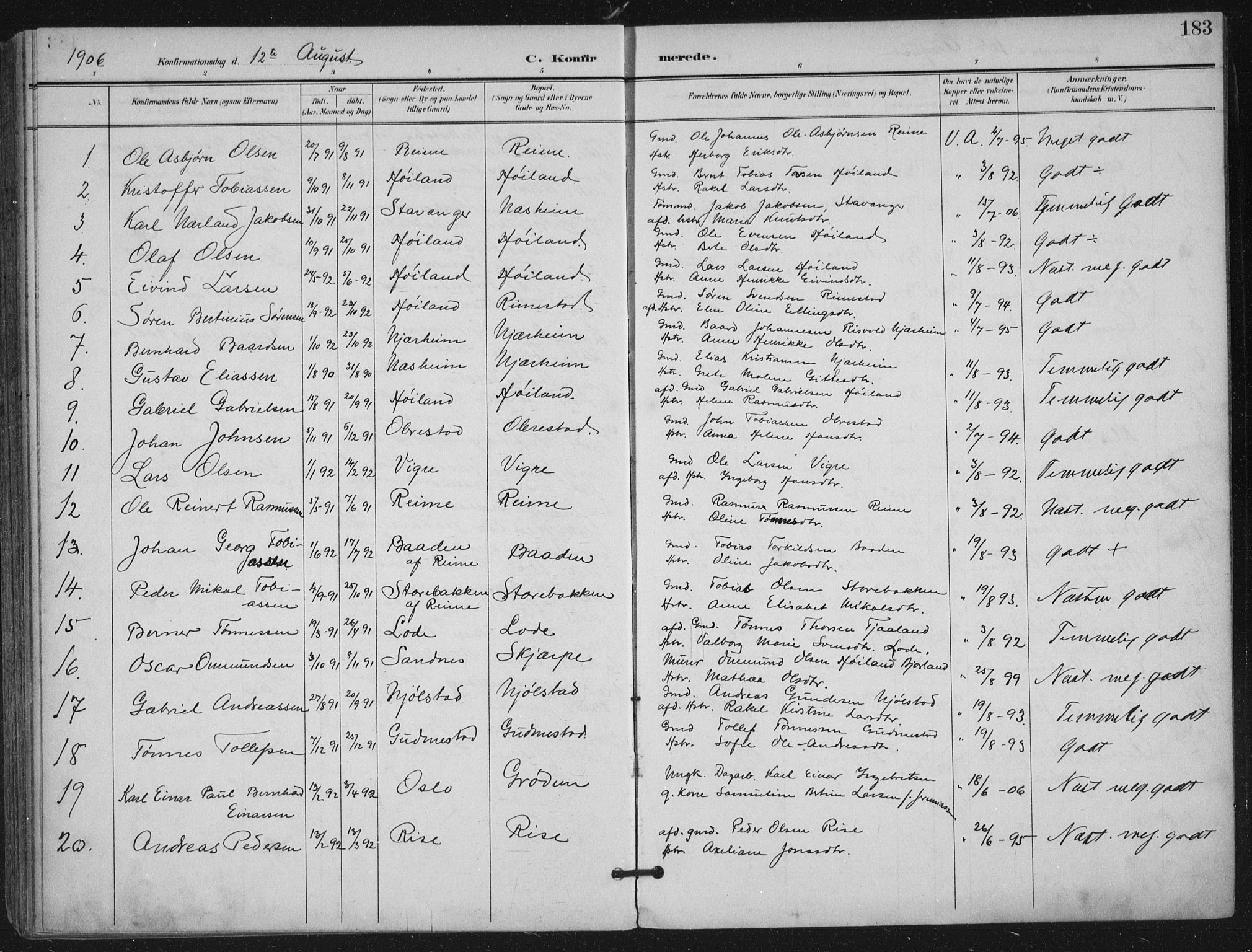 Hå sokneprestkontor, AV/SAST-A-101801/002/B/L0001: Parish register (official) no. A 11, 1897-1924, p. 183