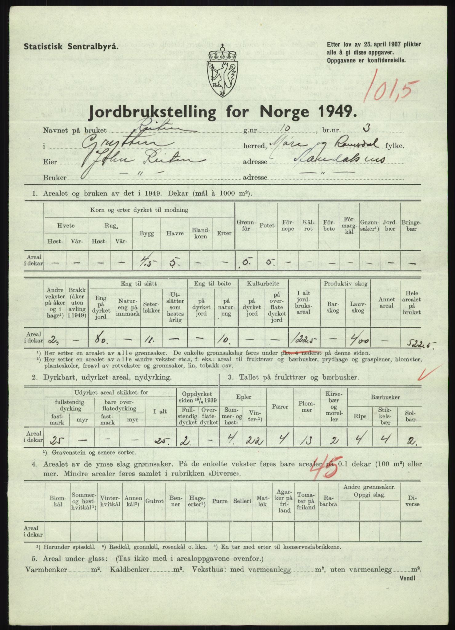 Statistisk sentralbyrå, Næringsøkonomiske emner, Jordbruk, skogbruk, jakt, fiske og fangst, AV/RA-S-2234/G/Gc/L0323: Møre og Romsdal: Grytten og Hen, 1949, p. 359