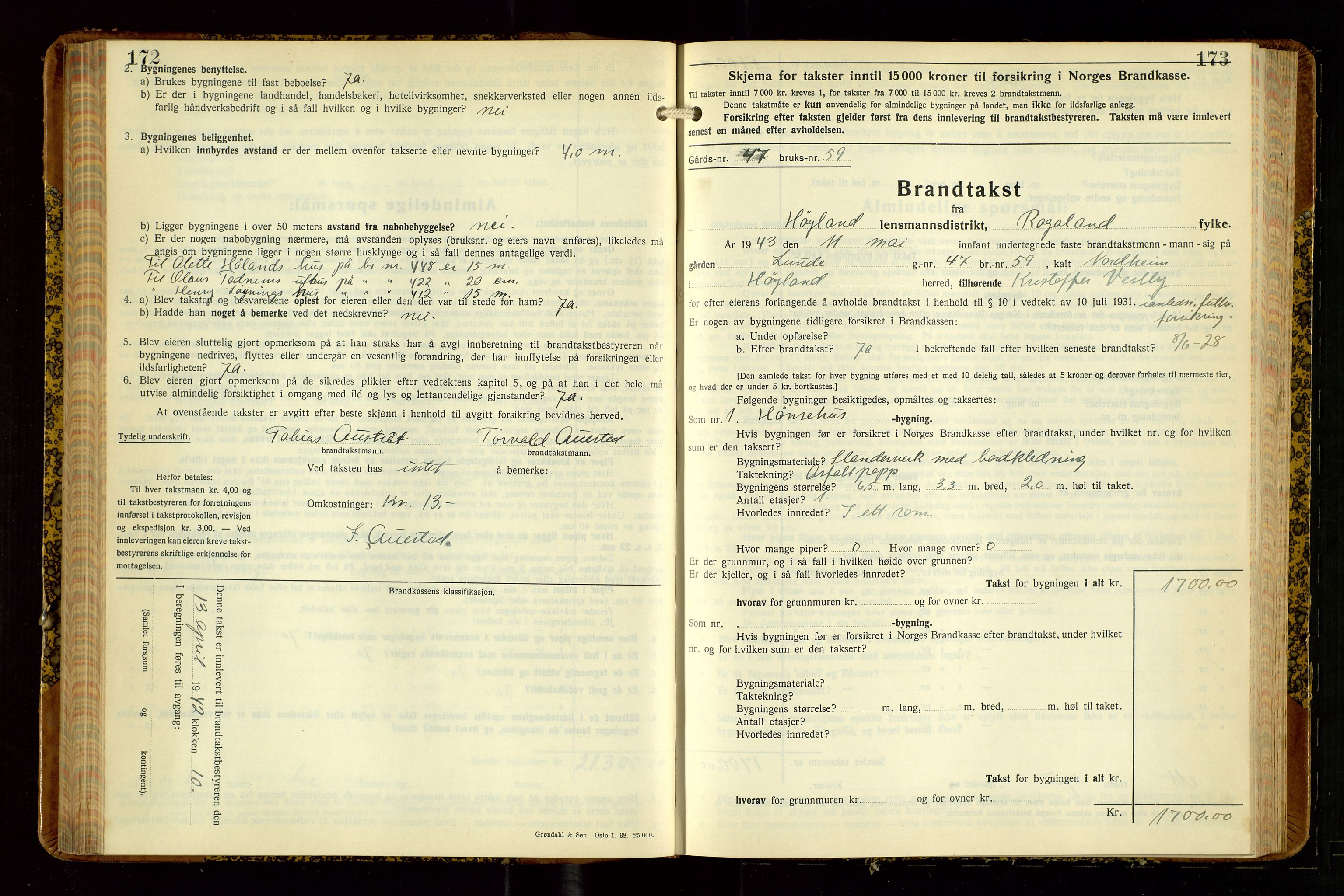 Høyland/Sandnes lensmannskontor, SAST/A-100166/Gob/L0008: "Branntakstprotokoll", 1940-1952, p. 172-173