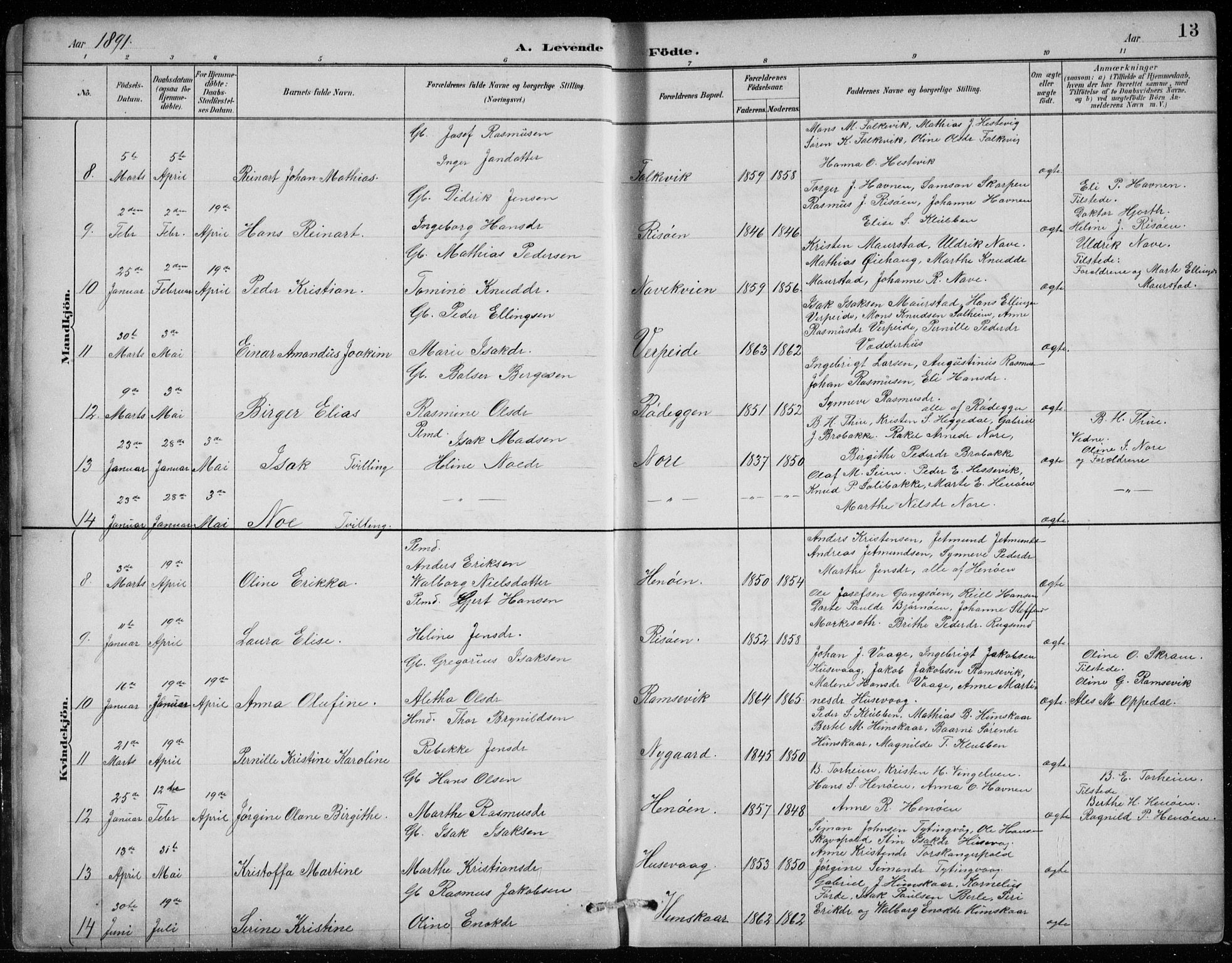 Davik sokneprestembete, AV/SAB-A-79701/H/Hab/Habc/L0002: Parish register (copy) no. C 2, 1889-1906, p. 13