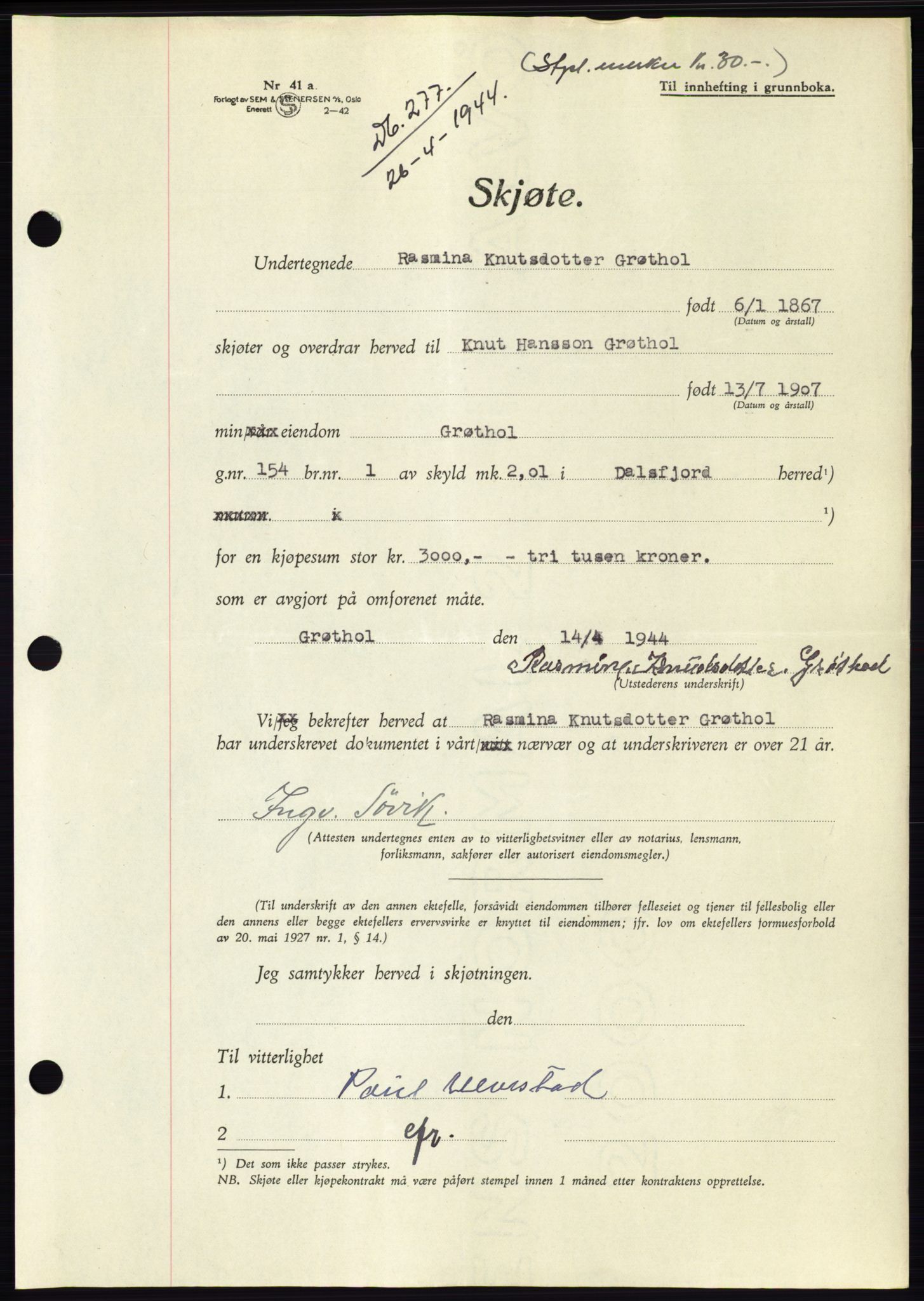 Søre Sunnmøre sorenskriveri, AV/SAT-A-4122/1/2/2C/L0076: Mortgage book no. 2A, 1943-1944, Diary no: : 277/1944