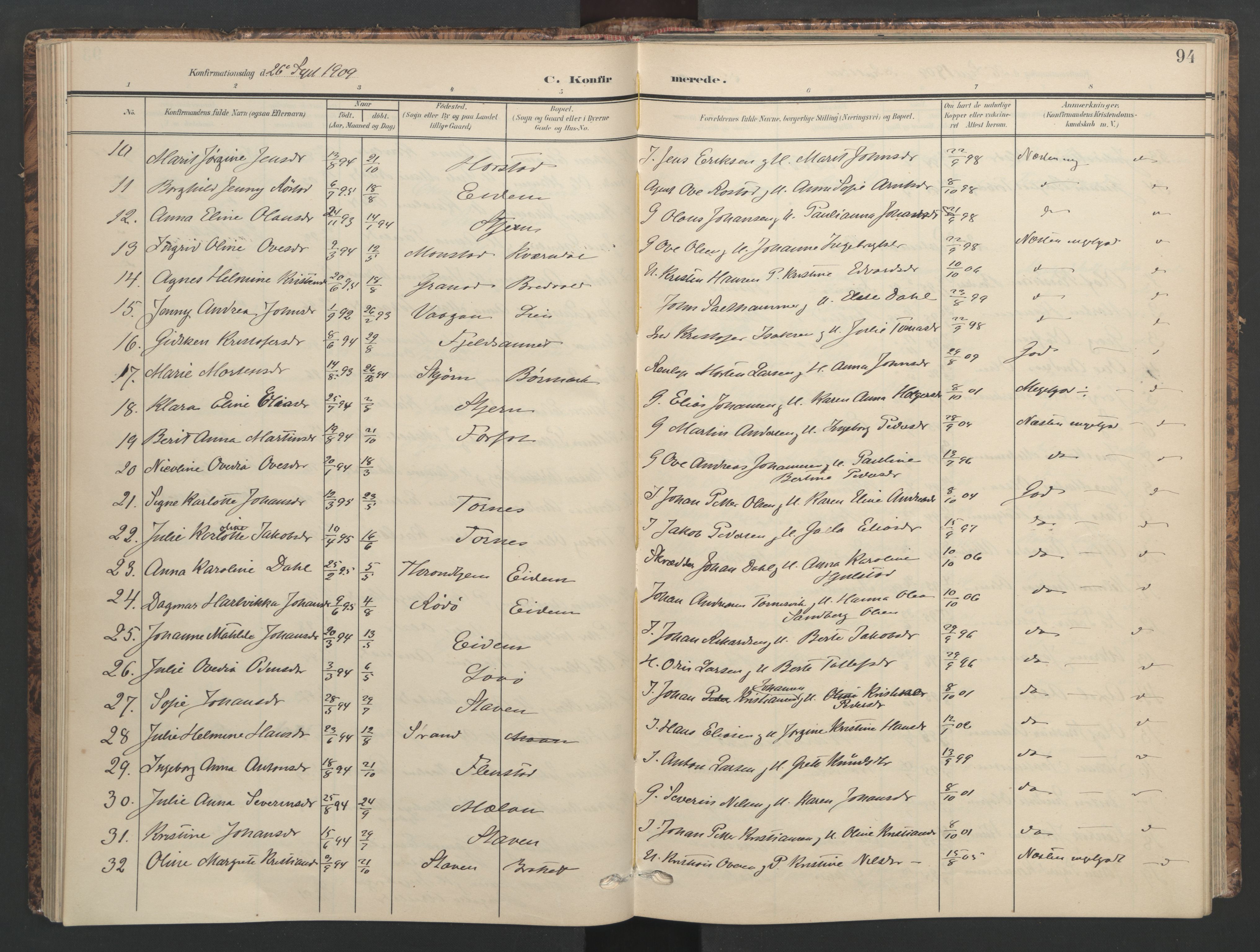 Ministerialprotokoller, klokkerbøker og fødselsregistre - Sør-Trøndelag, AV/SAT-A-1456/655/L0682: Parish register (official) no. 655A11, 1908-1922, p. 94