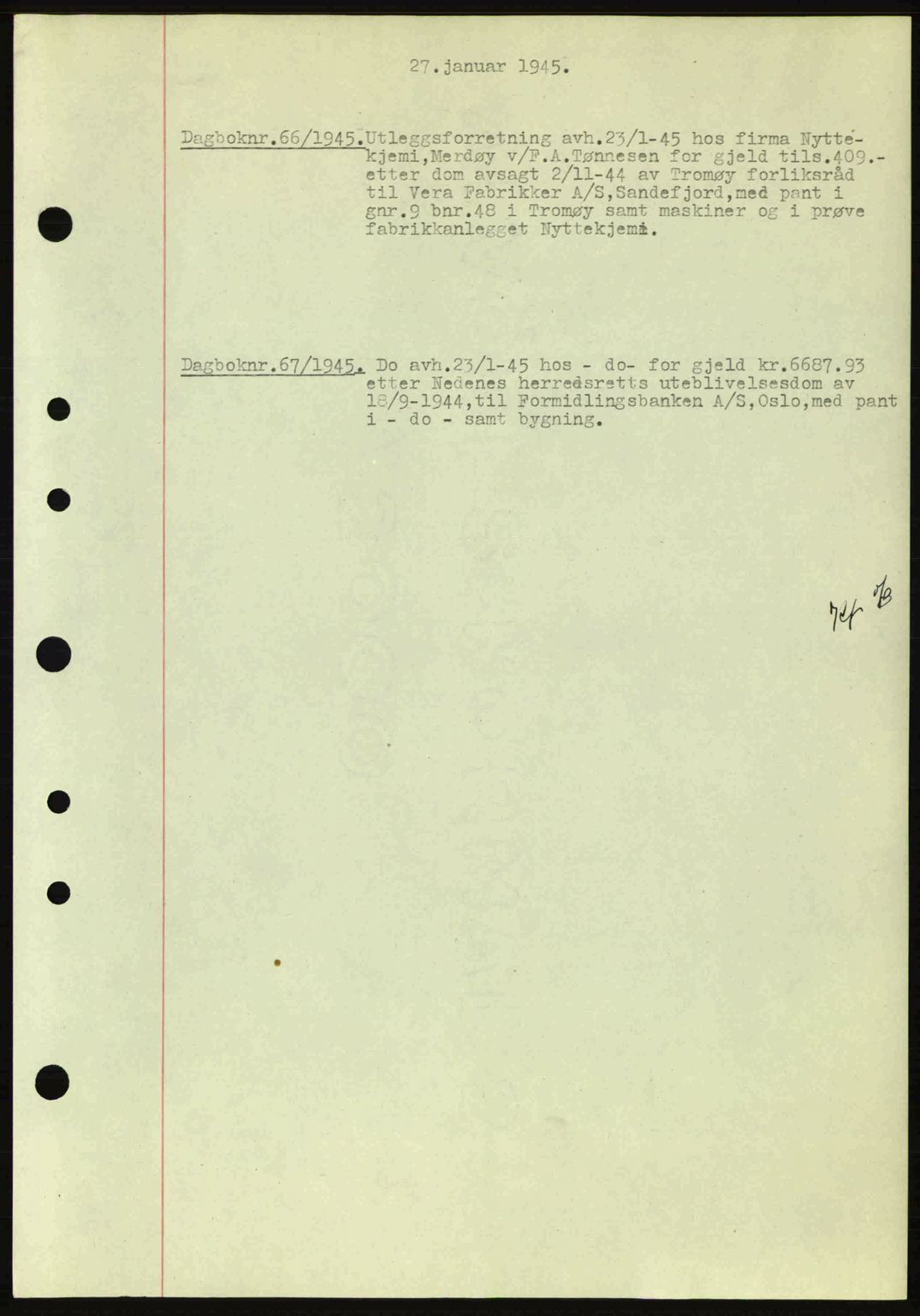 Nedenes sorenskriveri, SAK/1221-0006/G/Gb/Gba/L0052: Mortgage book no. A6a, 1944-1945, Diary no: : 66/1945