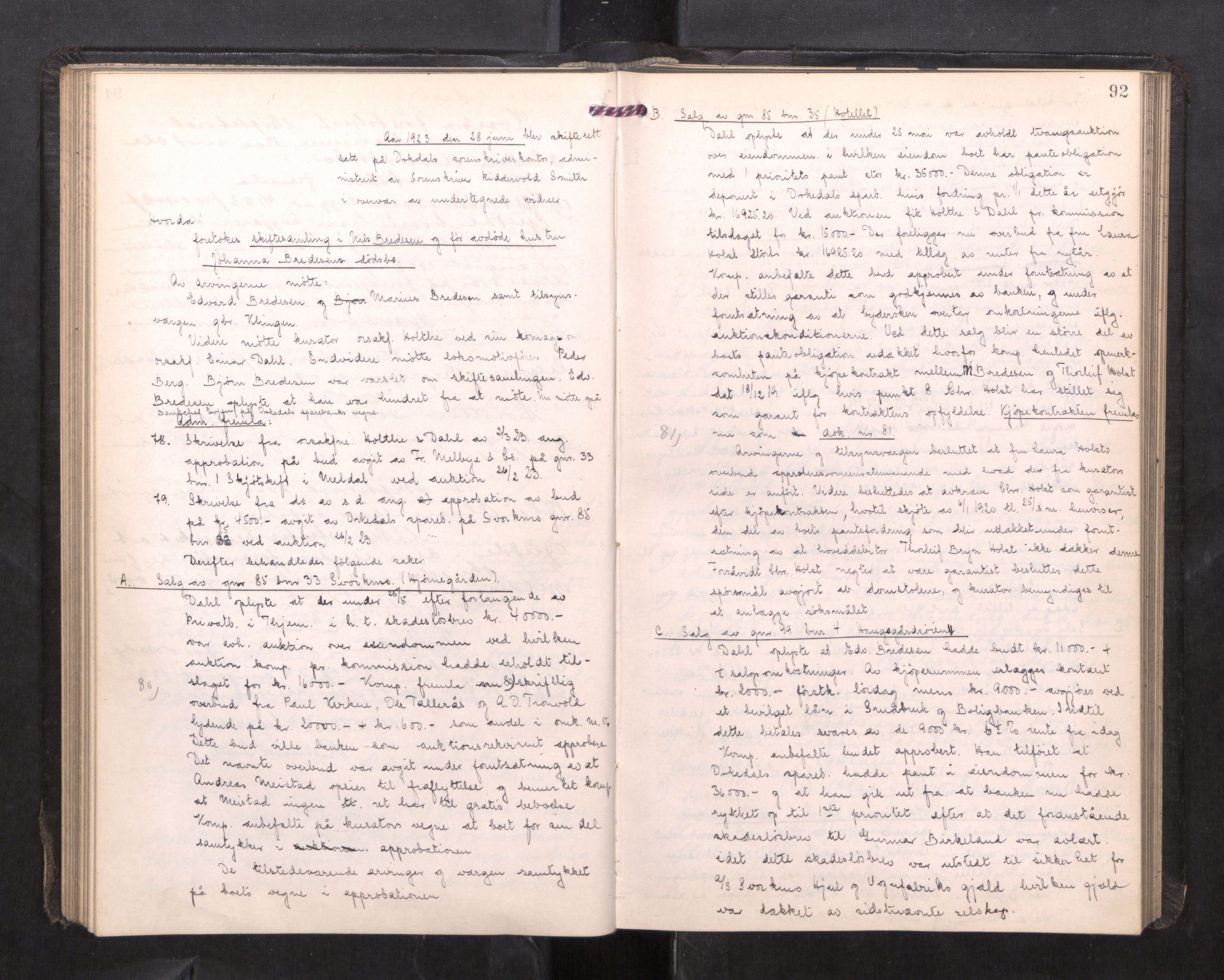 Orkdal sorenskriveri, AV/SAT-A-4169/1/3/3B/L0015: Skiftebehandlingsprotokoll, 1919-1927, p. 91b-92a