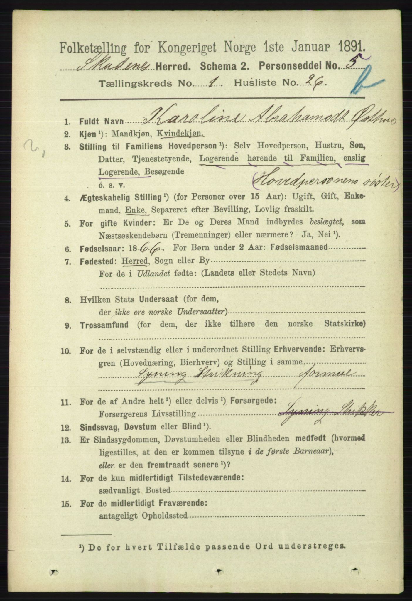 RA, 1891 census for 1150 Skudenes, 1891, p. 3539