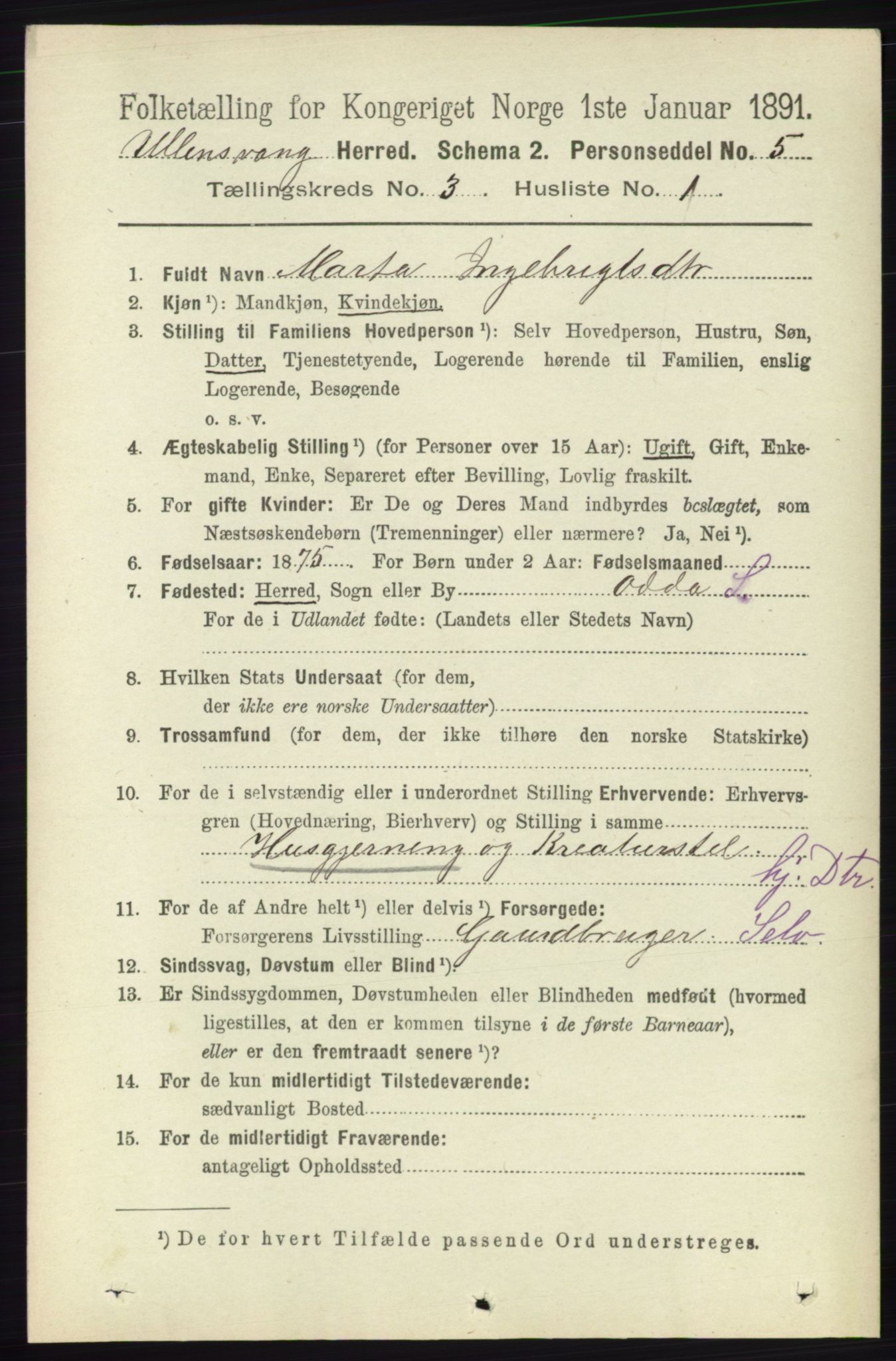 RA, 1891 census for 1230 Ullensvang, 1891, p. 589