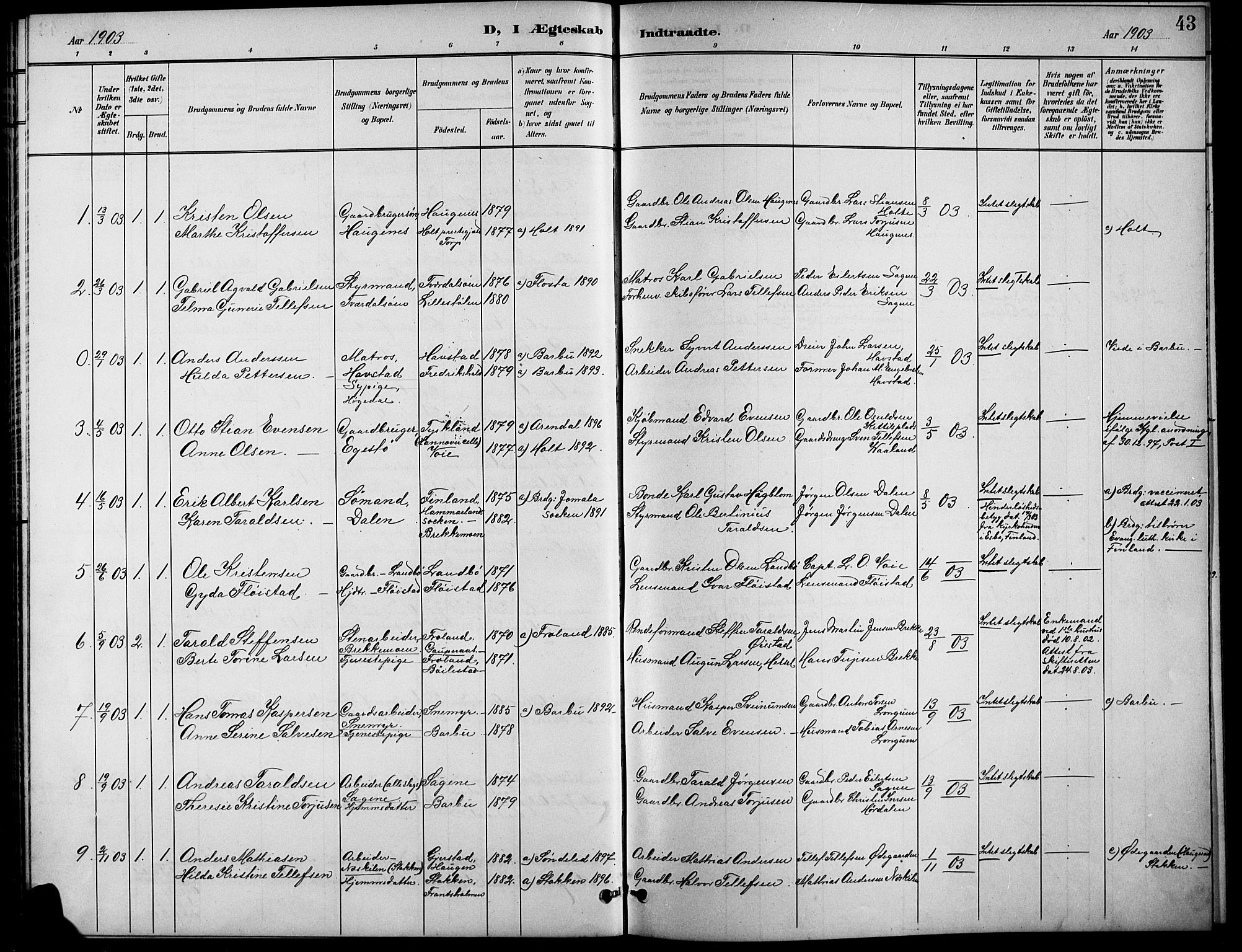 Austre Moland sokneprestkontor, SAK/1111-0001/F/Fb/Fba/L0004: Parish register (copy) no. B 4a, 1897-1913, p. 43