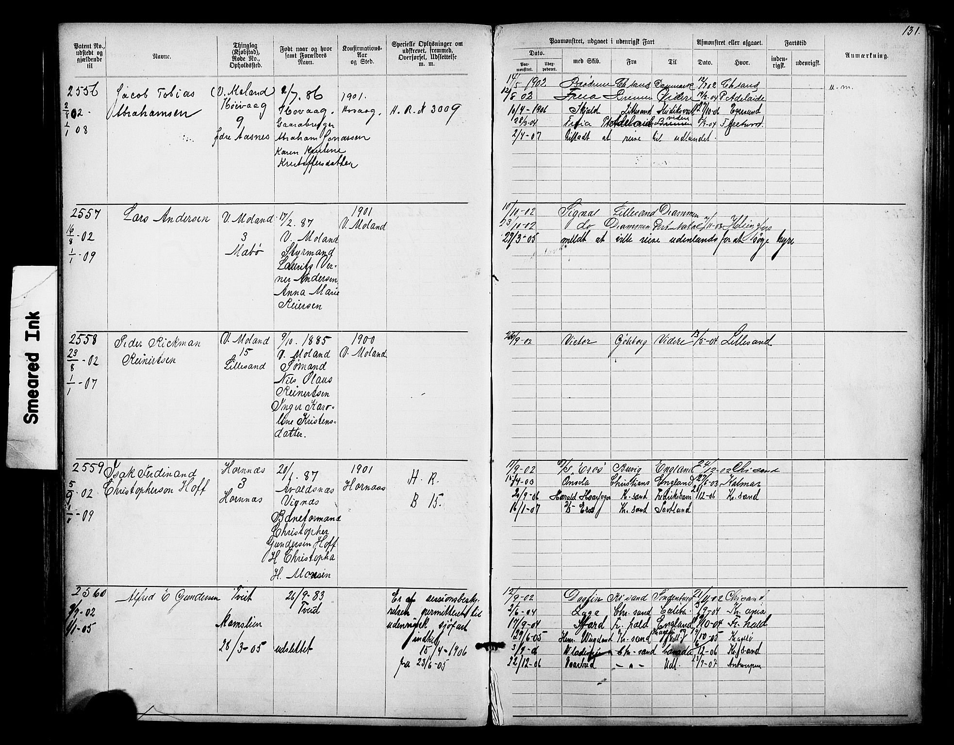 Lillesand mønstringskrets, AV/SAK-2031-0014/F/Fa/L0003: Annotasjonsrulle nr 1911-3489 med register, W-9, 1891-1932, p. 160