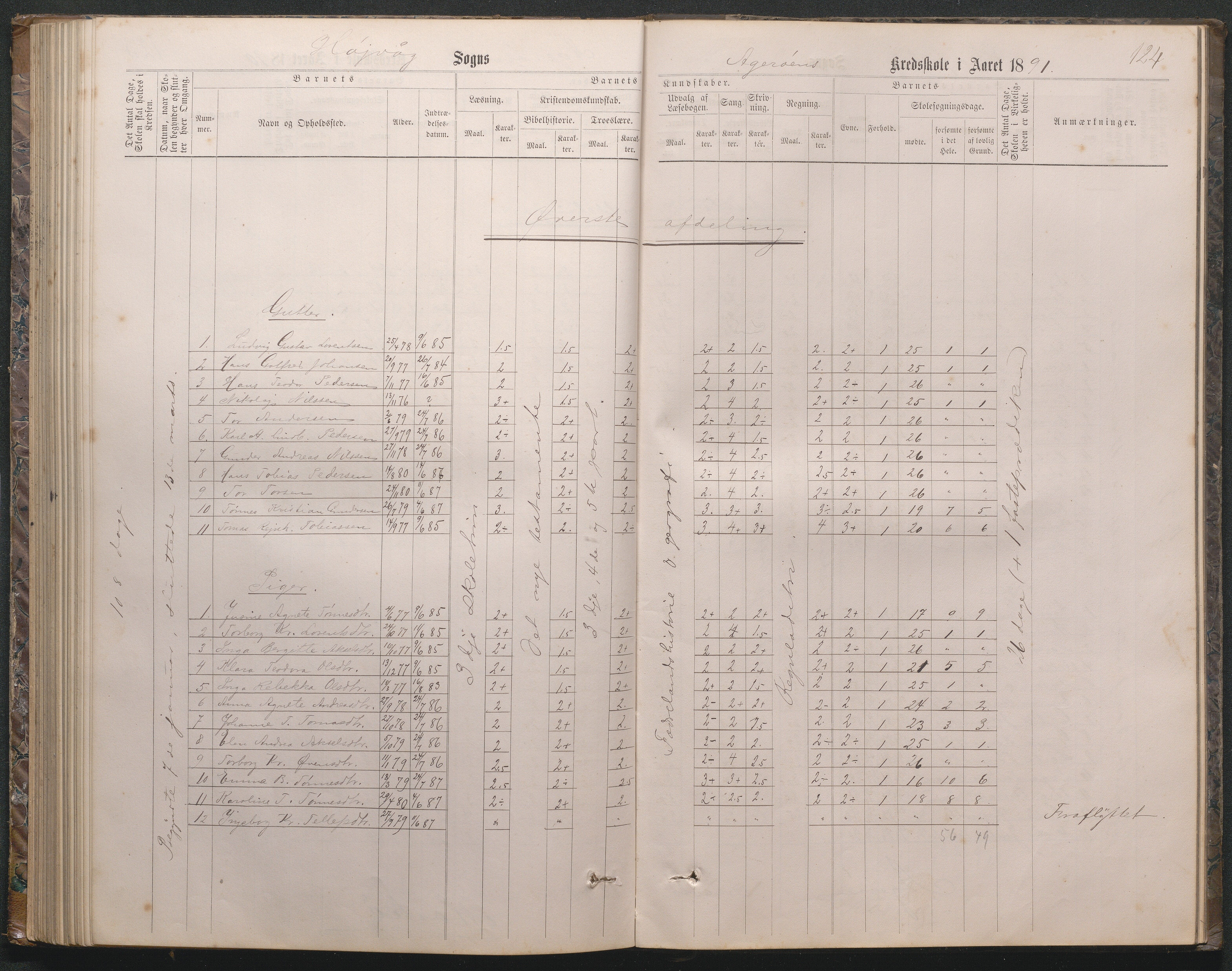 Høvåg kommune, AAMA/KA0927-PK/2/2/L0019: Åkerøy - Karakterprotokoll, 1863-1895, p. 124