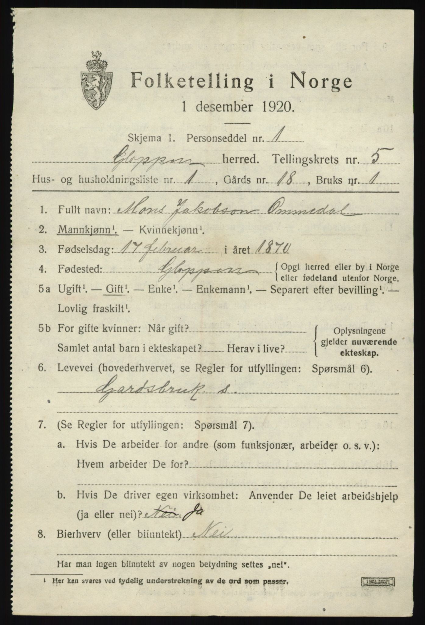 SAB, 1920 census for Gloppen, 1920, p. 3330