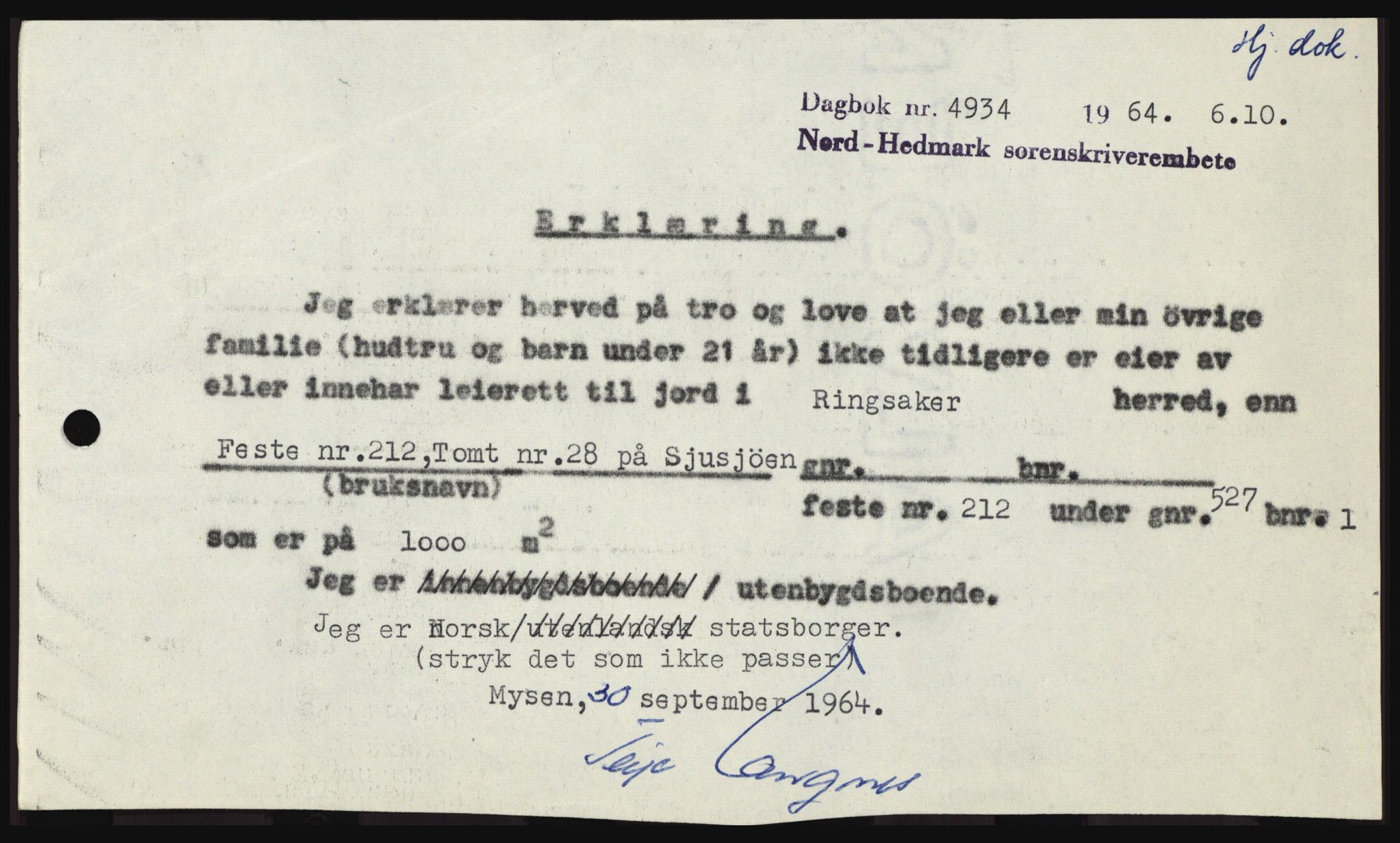 Nord-Hedmark sorenskriveri, SAH/TING-012/H/Hc/L0020: Mortgage book no. 20, 1964-1964, Diary no: : 4934/1964