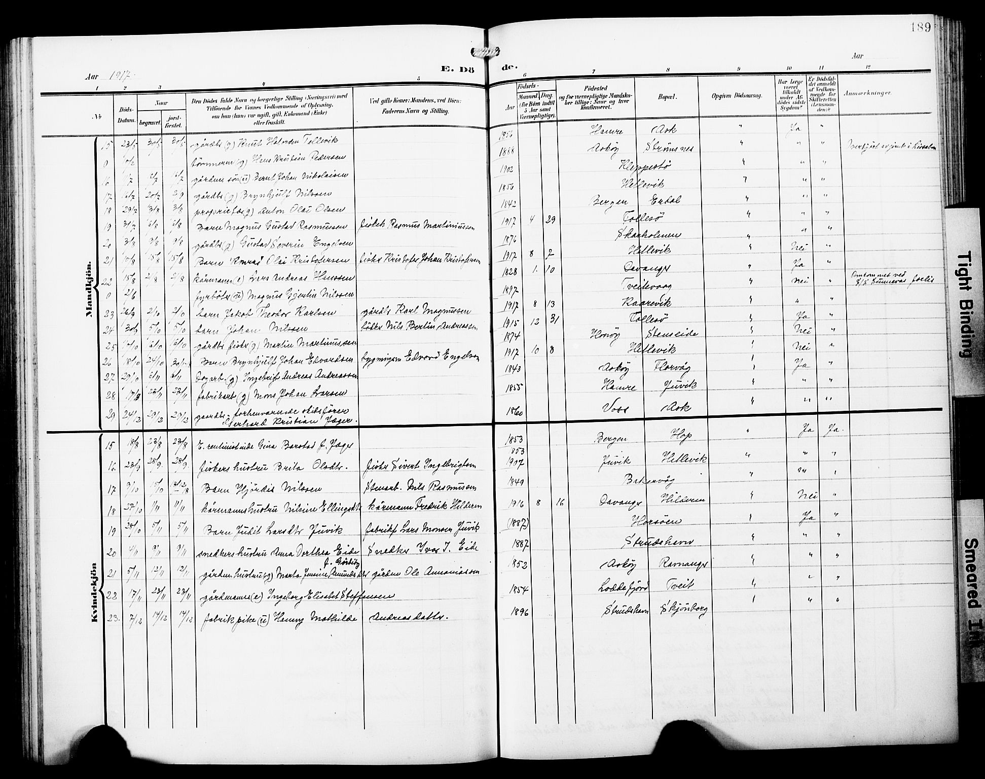 Askøy Sokneprestembete, AV/SAB-A-74101/H/Ha/Hab/Haba/L0014: Parish register (copy) no. A 14, 1904-1927, p. 189