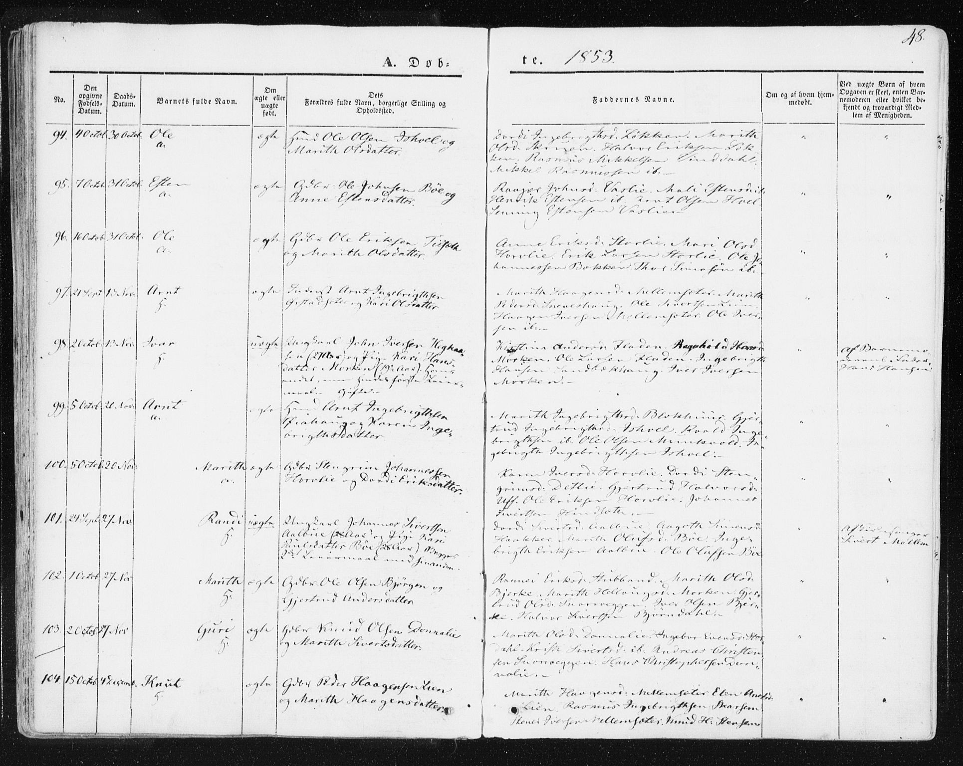 Ministerialprotokoller, klokkerbøker og fødselsregistre - Sør-Trøndelag, SAT/A-1456/678/L0899: Parish register (official) no. 678A08, 1848-1872, p. 48