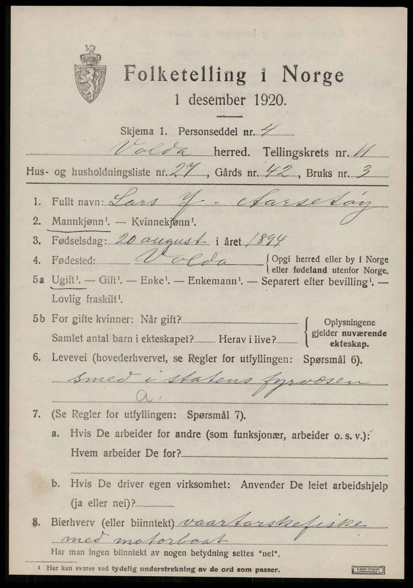 SAT, 1920 census for Volda, 1920, p. 8276