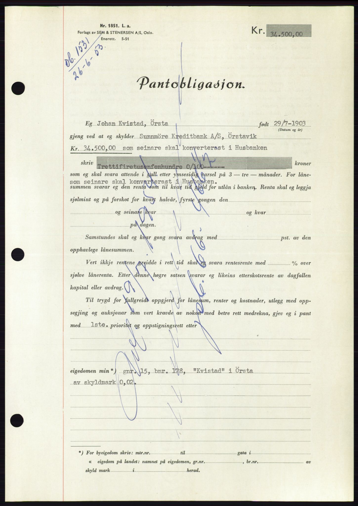 Søre Sunnmøre sorenskriveri, AV/SAT-A-4122/1/2/2C/L0123: Mortgage book no. 11B, 1953-1953, Diary no: : 1531/1953