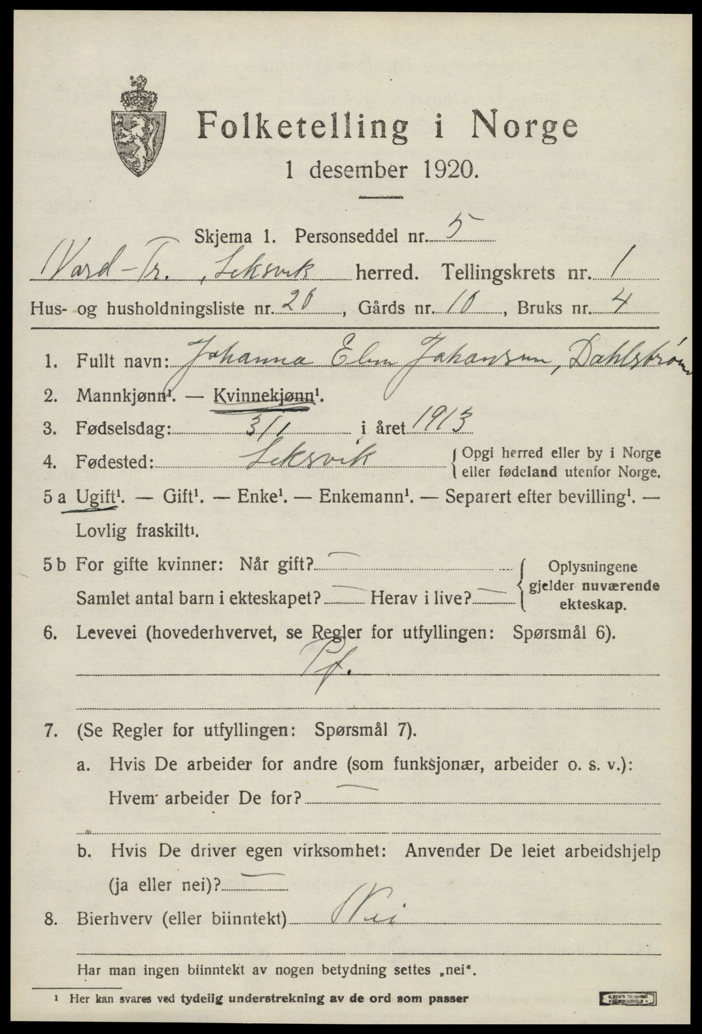 SAT, 1920 census for Leksvik, 1920, p. 1384