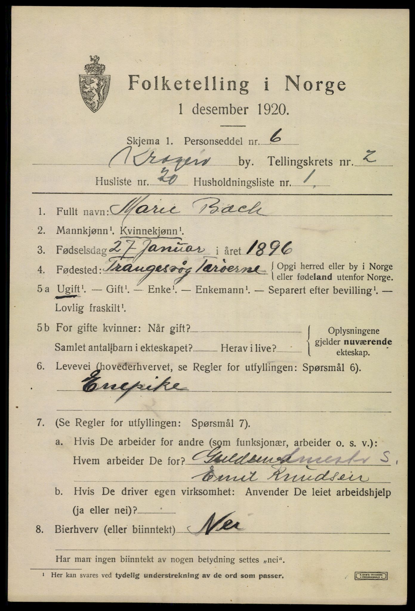 SAKO, 1920 census for Kragerø, 1920, p. 5597
