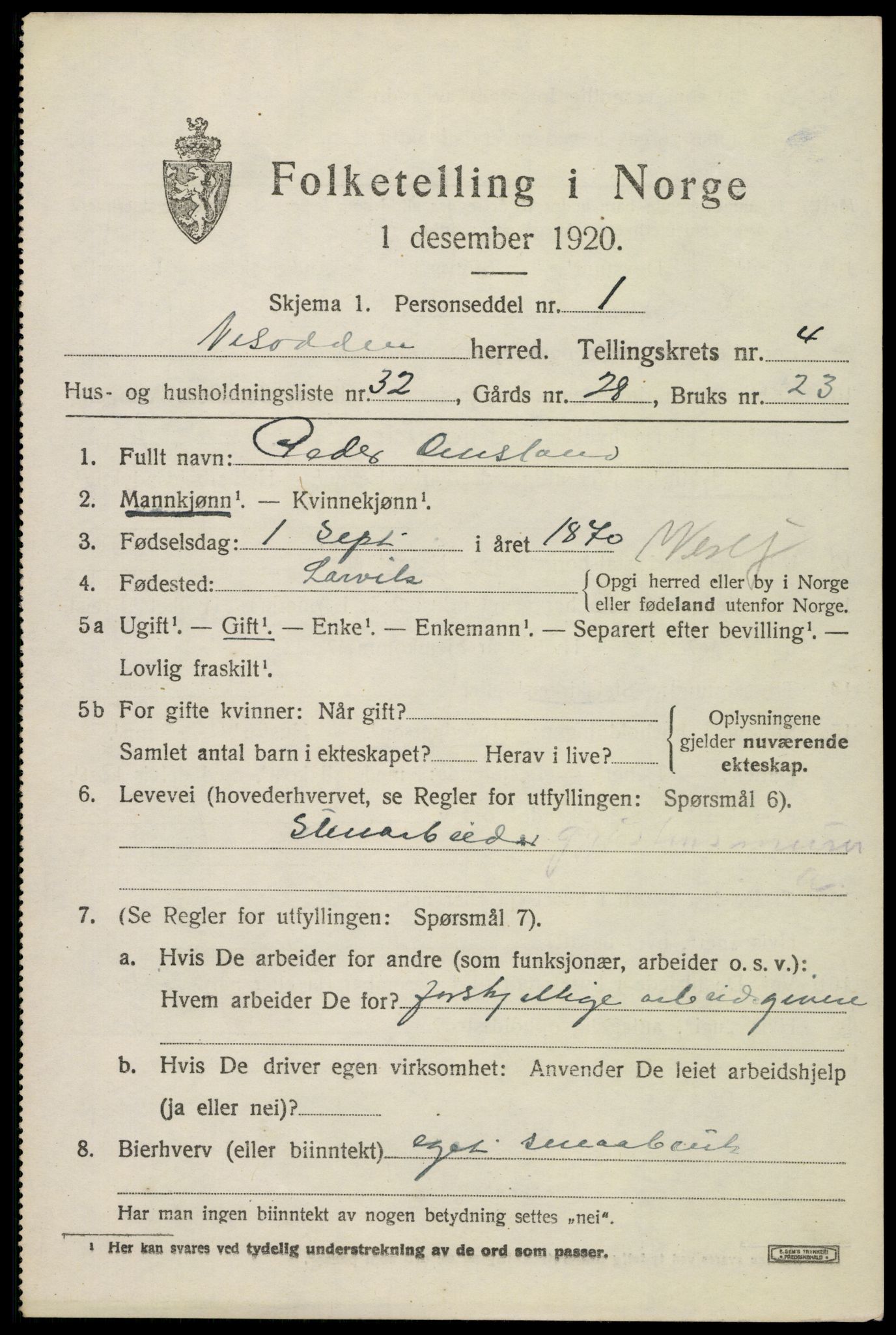 SAO, 1920 census for Nesodden, 1920, p. 4525