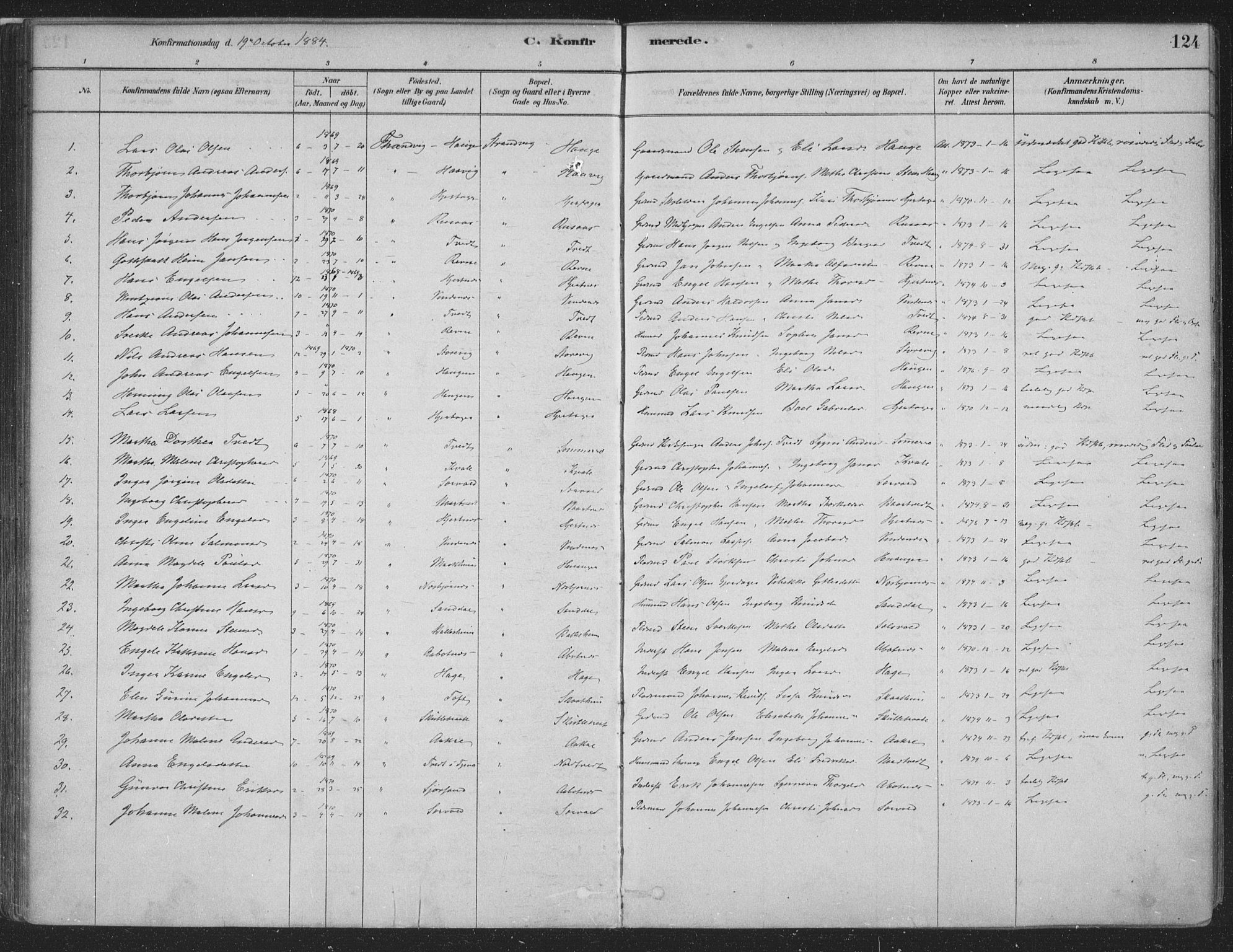 Fusa sokneprestembete, SAB/A-75401/H/Haa: Parish register (official) no. D 1, 1880-1938, p. 124