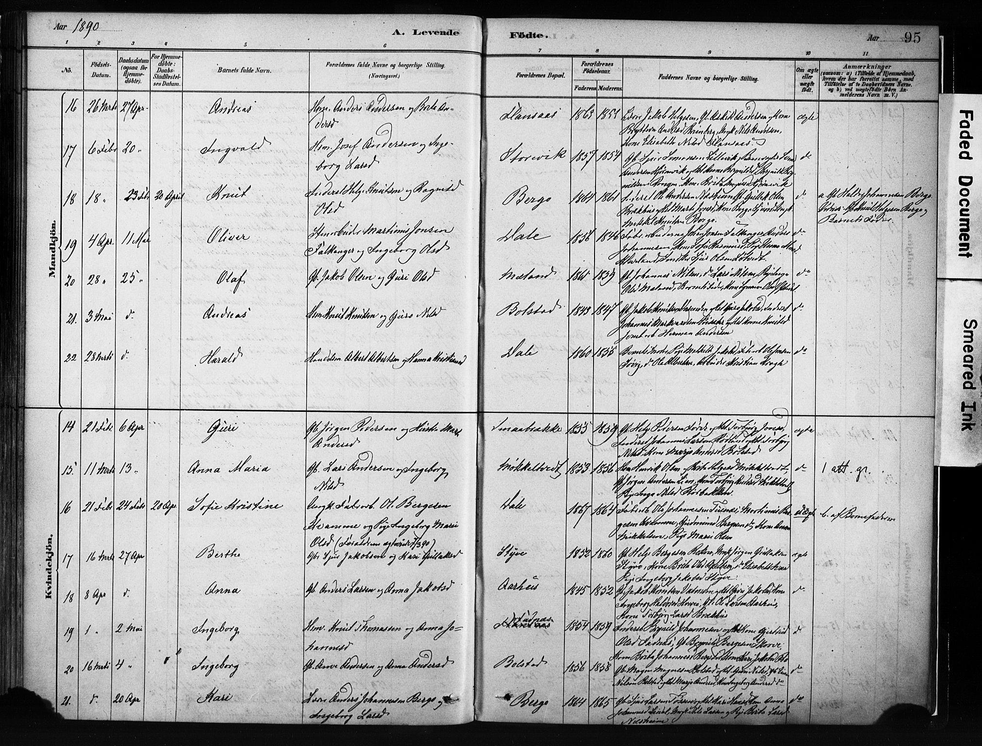 Evanger sokneprestembete, SAB/A-99924: Parish register (official) no. A 1, 1877-1899, p. 95