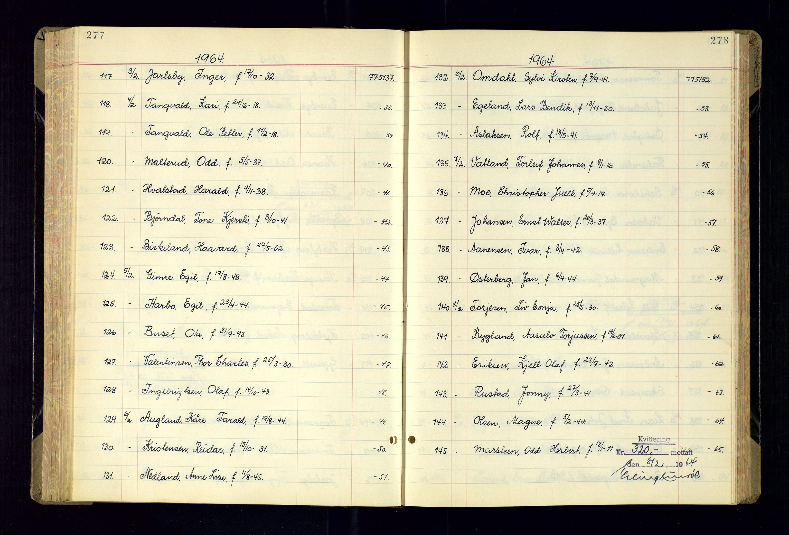 Kristiansand politikammer - 2, AV/SAK-1243-0009/K/Ka/Kaa/L0615: Passprotokoll, liste med løpenumre, 1962-1965, p. 277-278