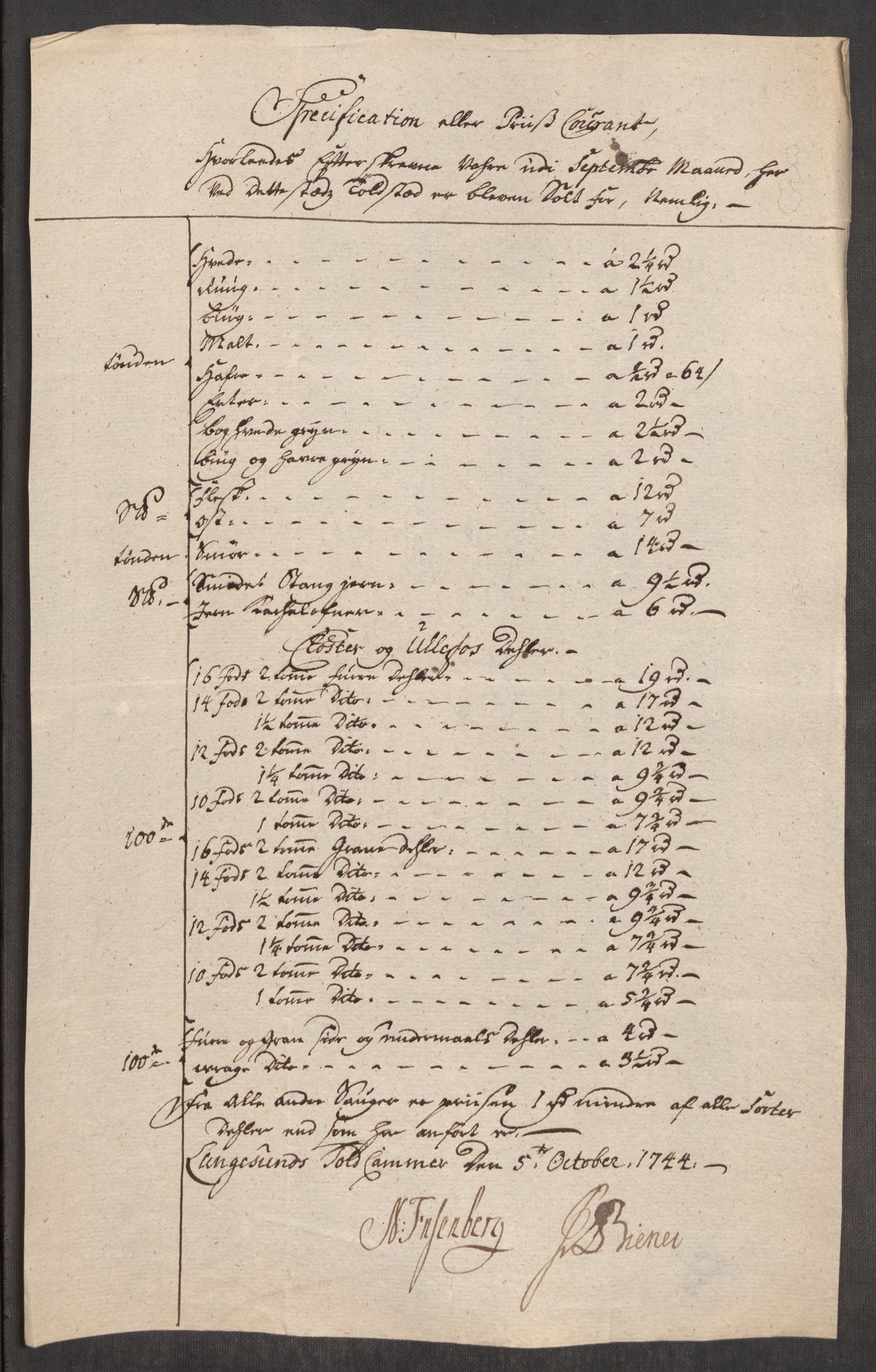 Rentekammeret inntil 1814, Realistisk ordnet avdeling, AV/RA-EA-4070/Oe/L0002: [Ø1]: Priskuranter, 1740-1744, p. 940