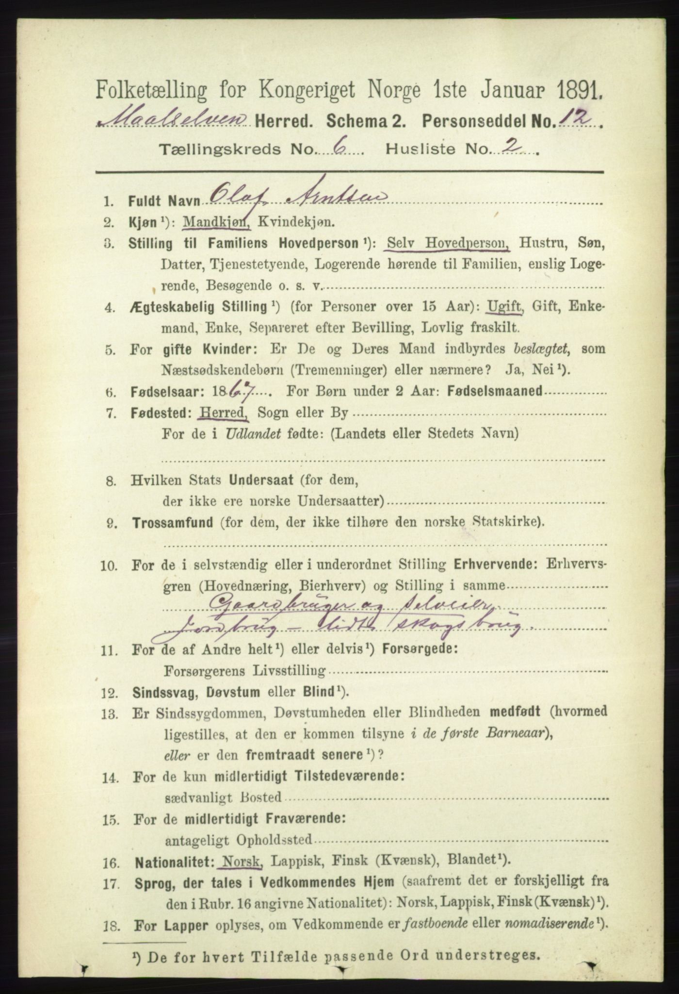 RA, 1891 census for 1924 Målselv, 1891, p. 2050