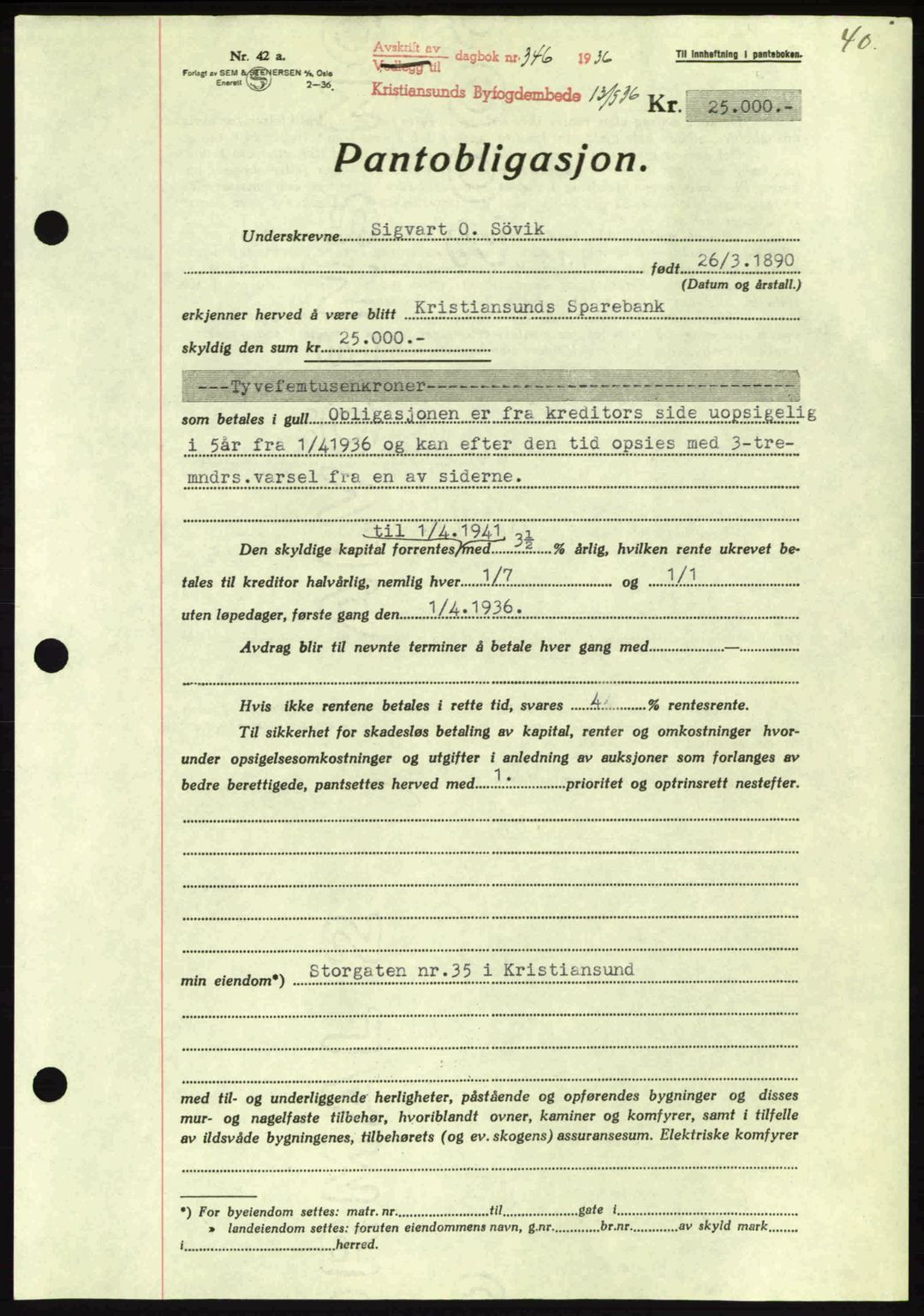Kristiansund byfogd, AV/SAT-A-4587/A/27: Mortgage book no. 29, 1936-1937, Diary no: : 346/1936