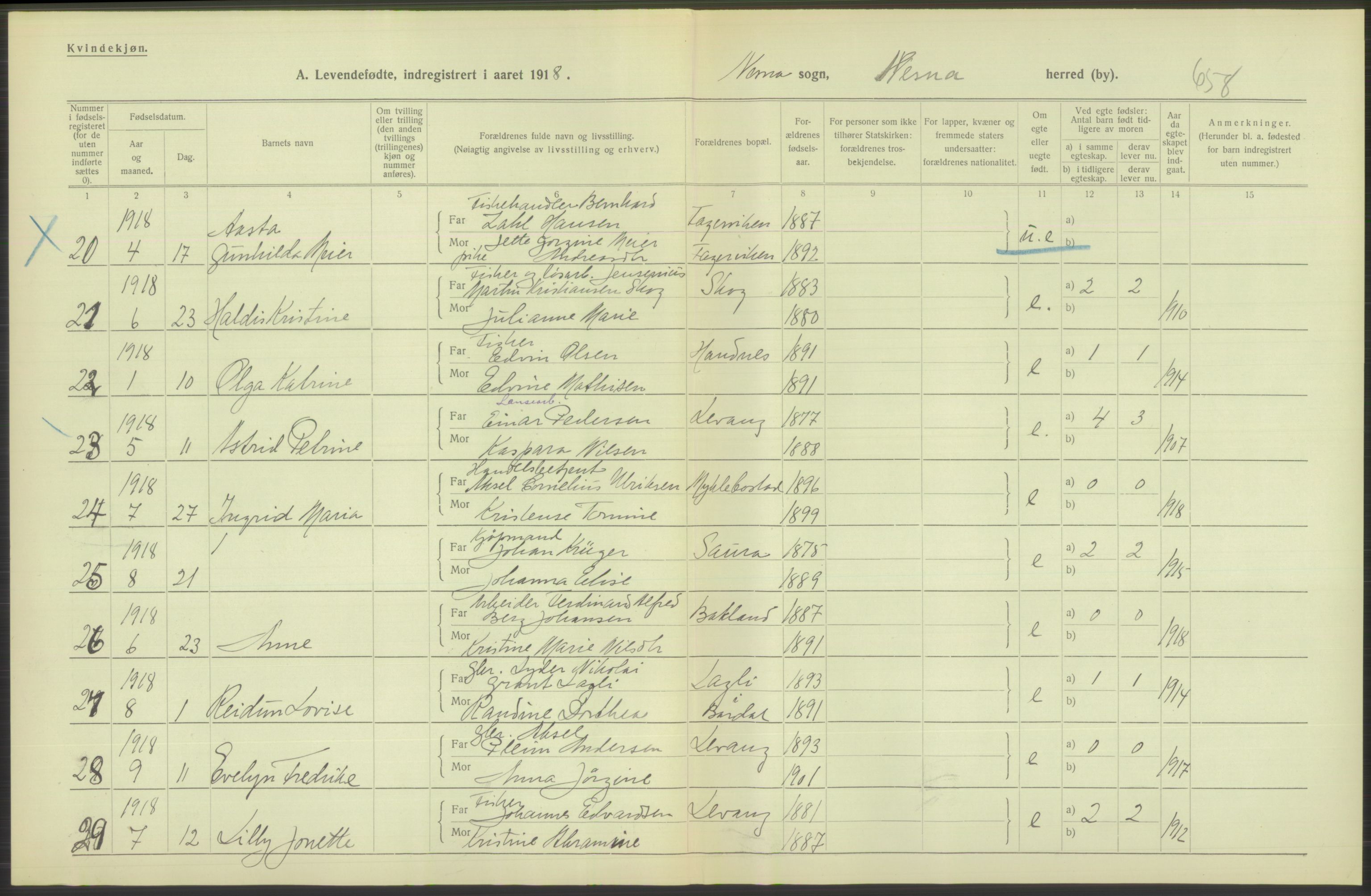 Statistisk sentralbyrå, Sosiodemografiske emner, Befolkning, AV/RA-S-2228/D/Df/Dfb/Dfbh/L0052: Nordland fylke: Levendefødte menn og kvinner. Bygder., 1918, p. 620