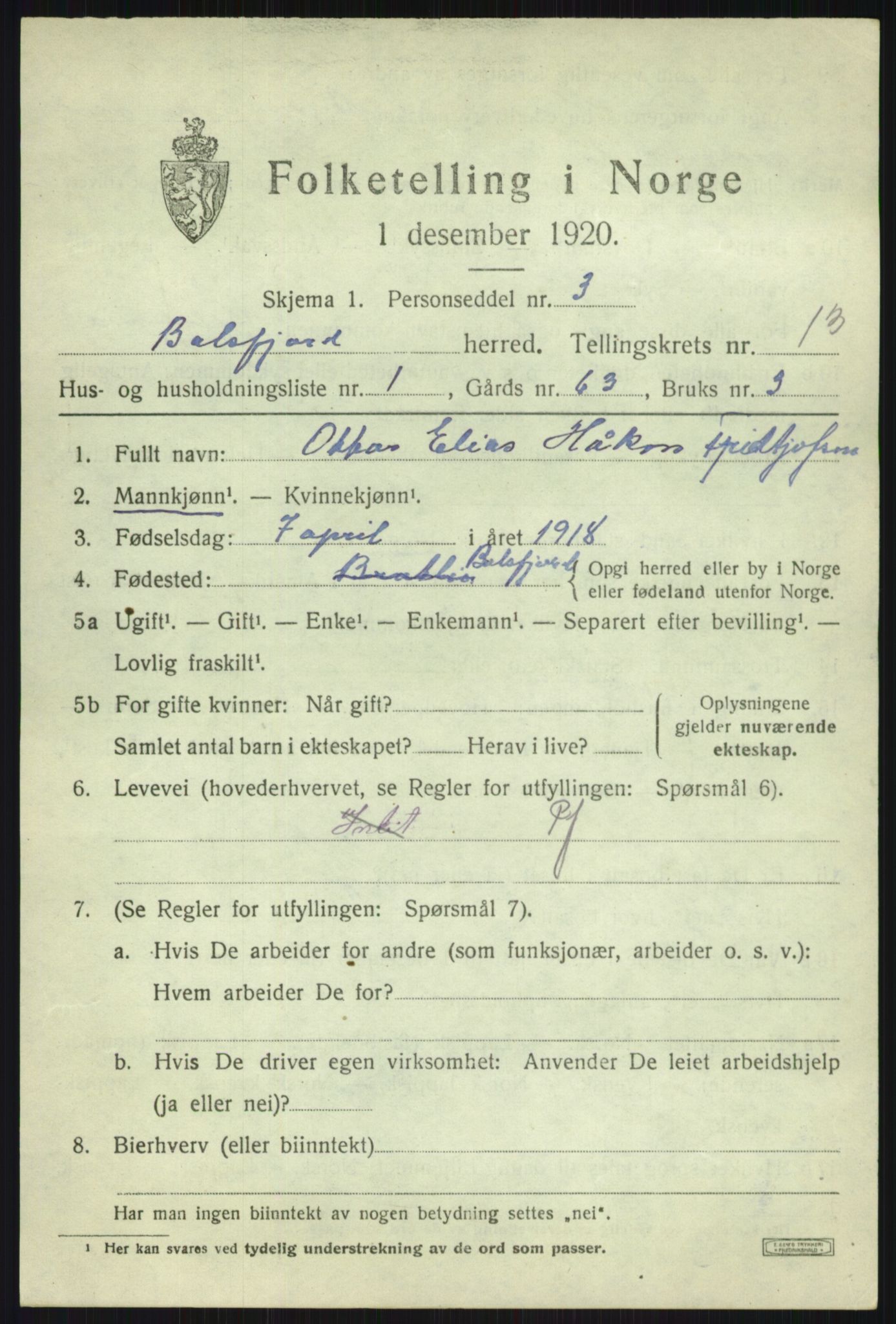 SATØ, 1920 census for Balsfjord, 1920, p. 7600