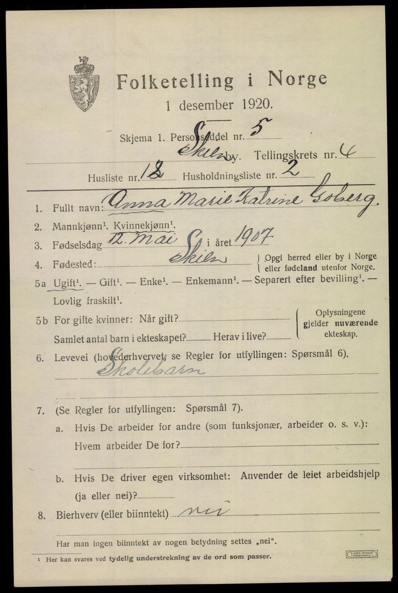 SAKO, 1920 census for Skien, 1920, p. 16934